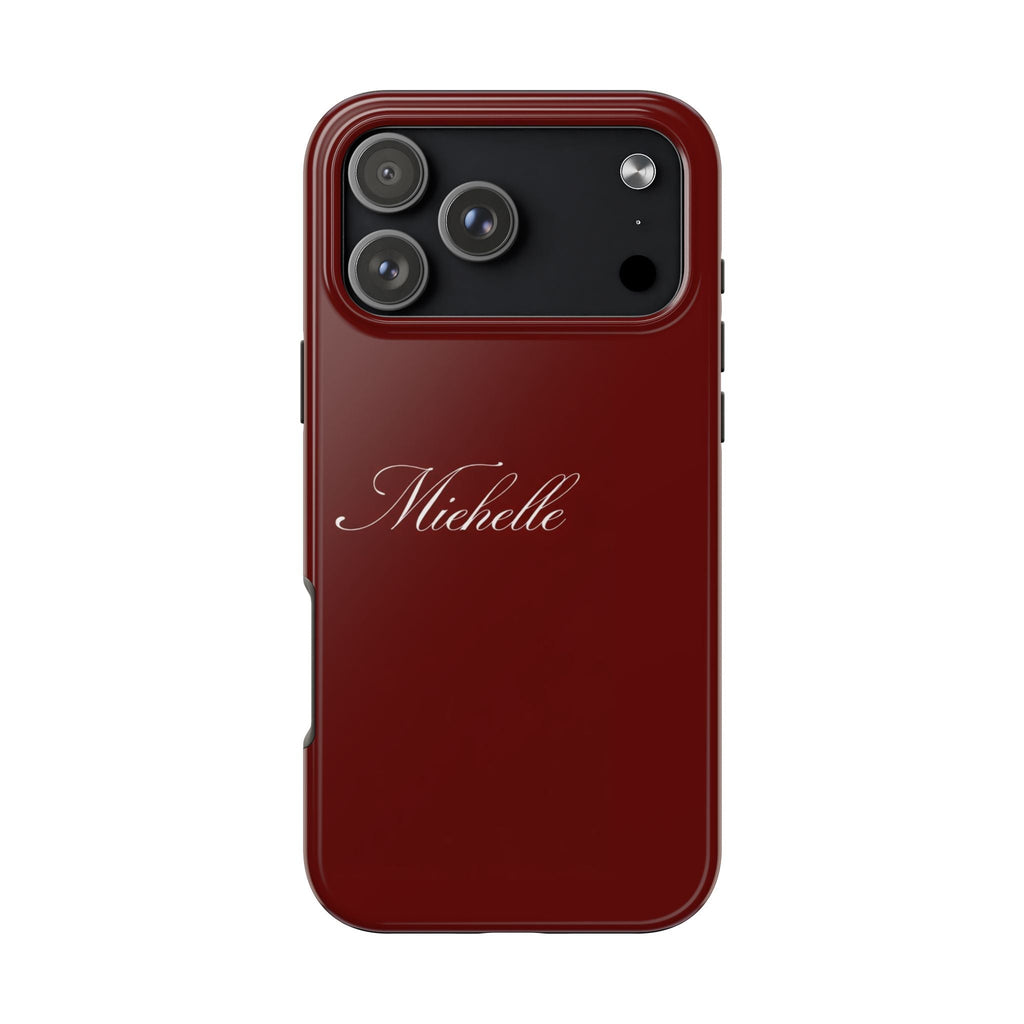 Red personalized phone case with “MicheIle” name and dual-camera cutout