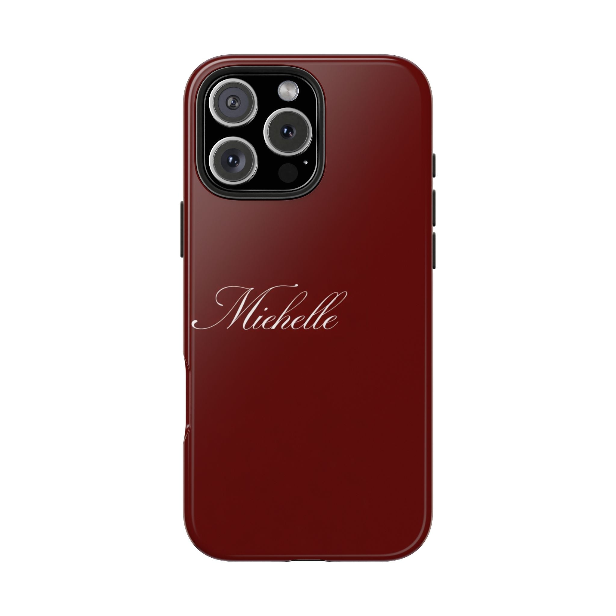 Red personalized phone case with “MicheIle” name on back and camera cutout