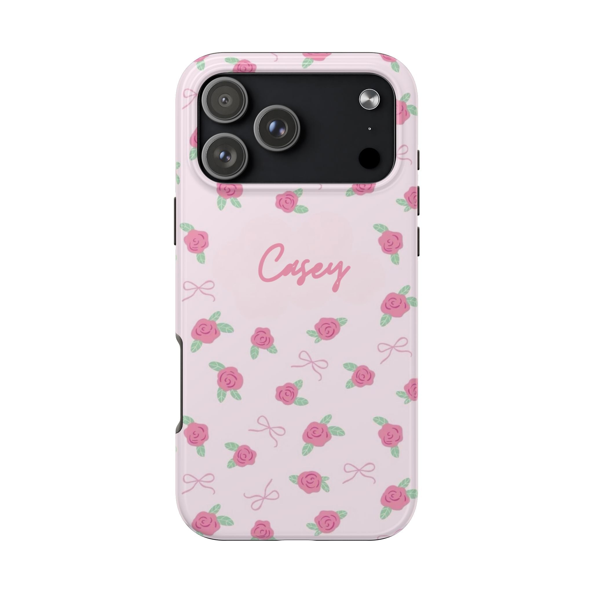 Personalized light pink phone case with rosebuds, 'Casey' centered, camera cutouts