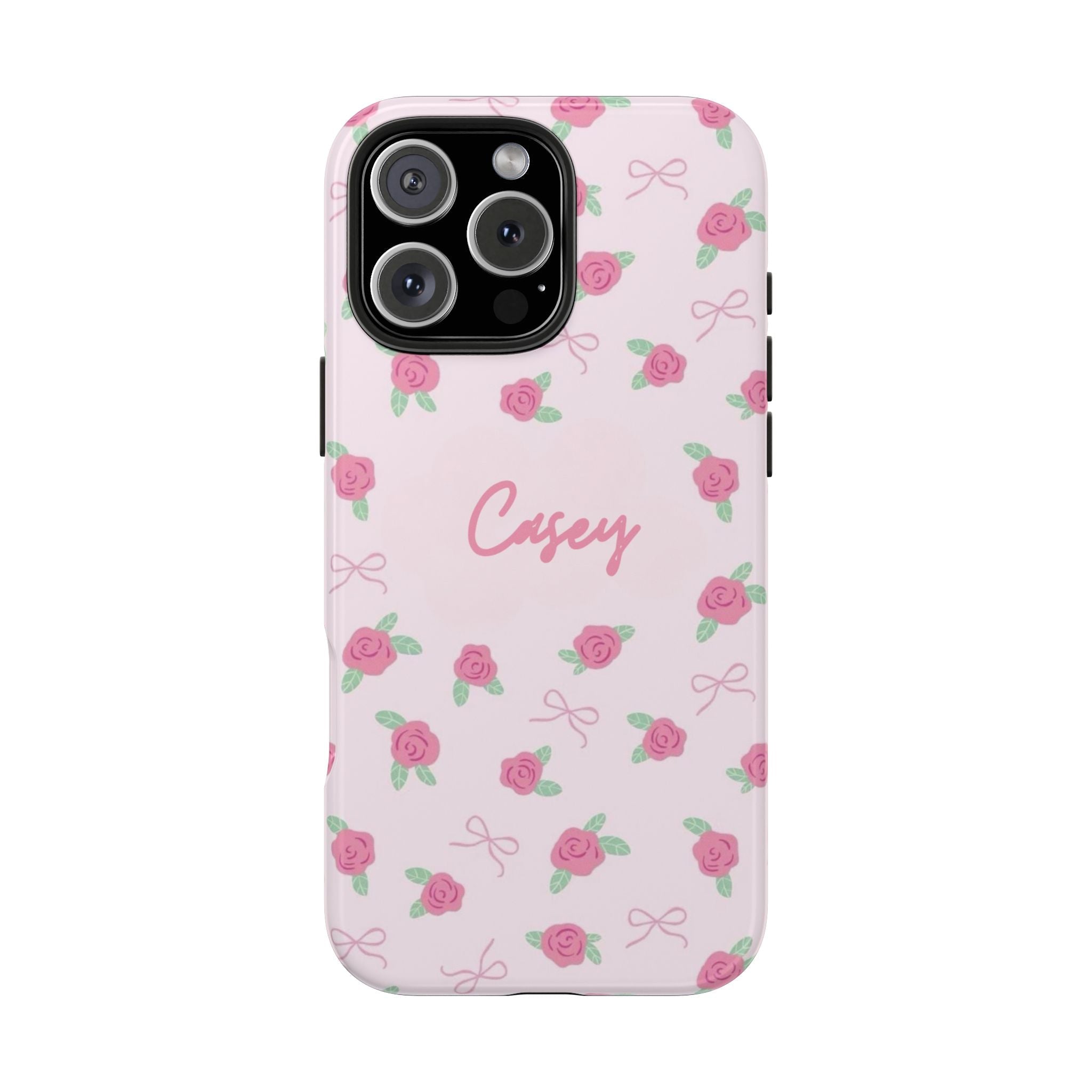 Personalized phone case with pink rosebud pattern and 'Casey' name, light pink background