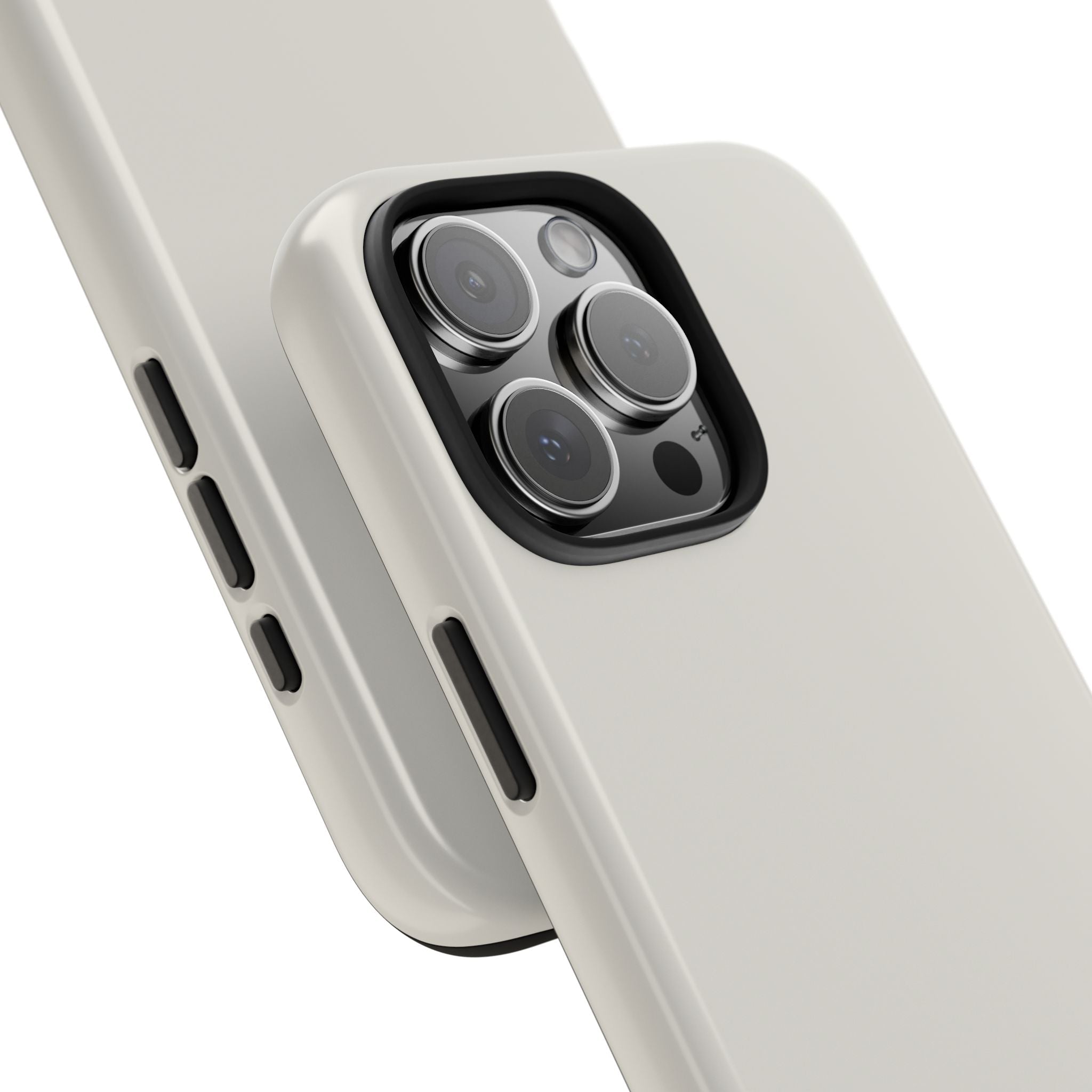 Cream phone case side profile with cutouts and camera protection around lens module