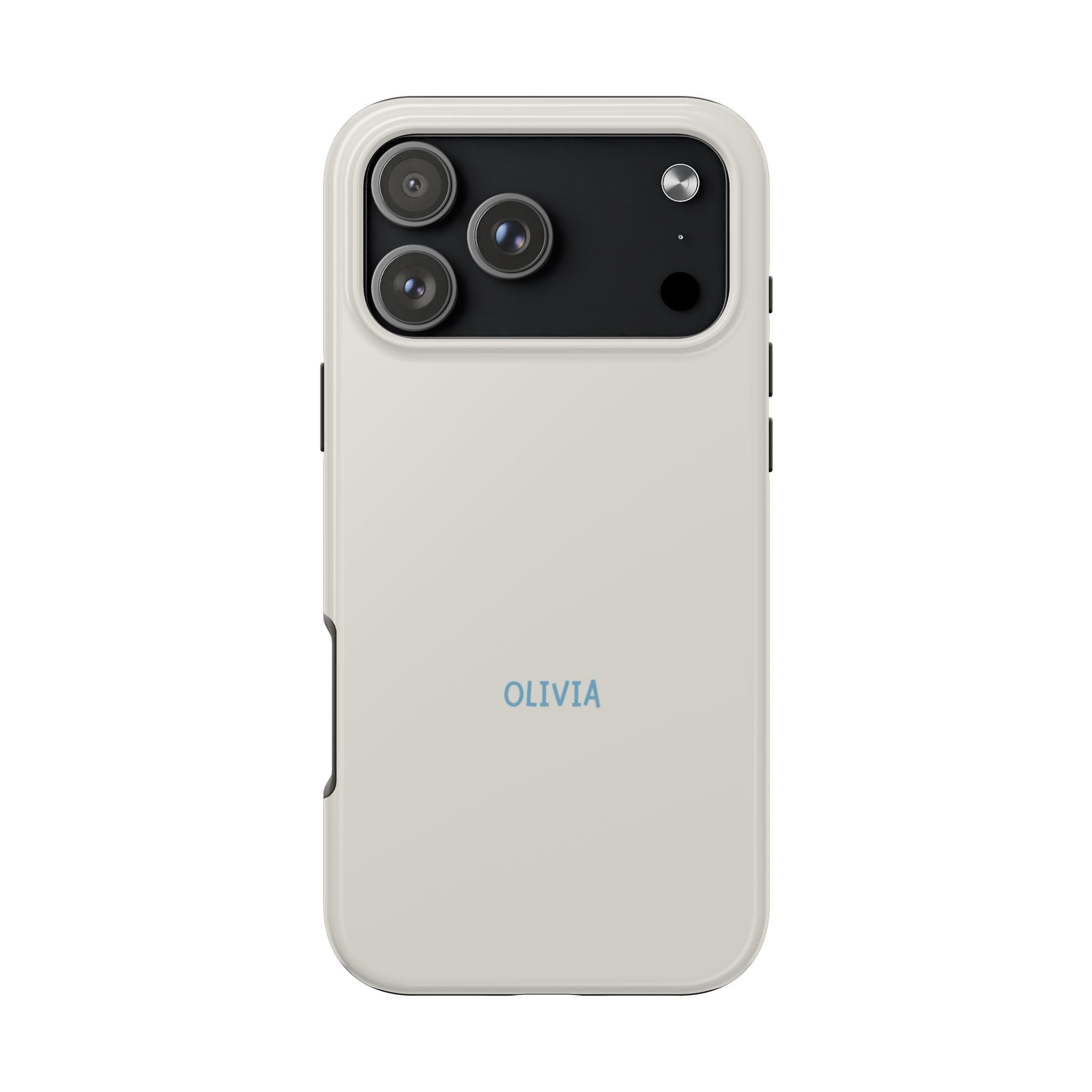 Cream phone case with 'OLIVIA' text on back and black camera lens surround