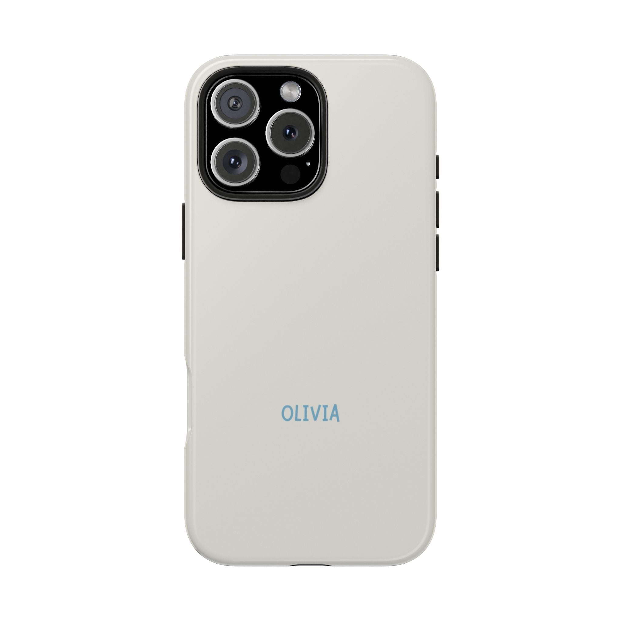 Cream minimalist phone case with custom name 'OLIVIA' and black camera cutout