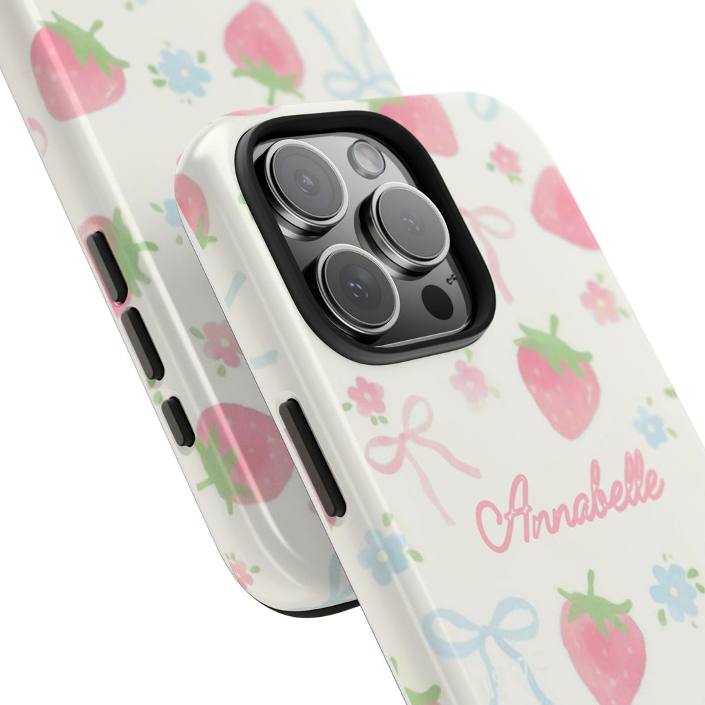 Strawberry coquette phone case, angled view showing “Annabelle” and camera lenses cutout