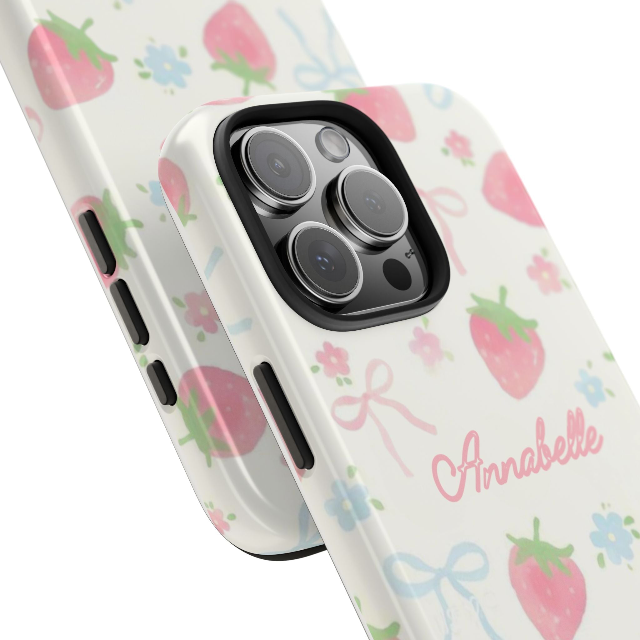Strawberry coquette phone case, angled view showing “Annabelle” and camera lenses cutout