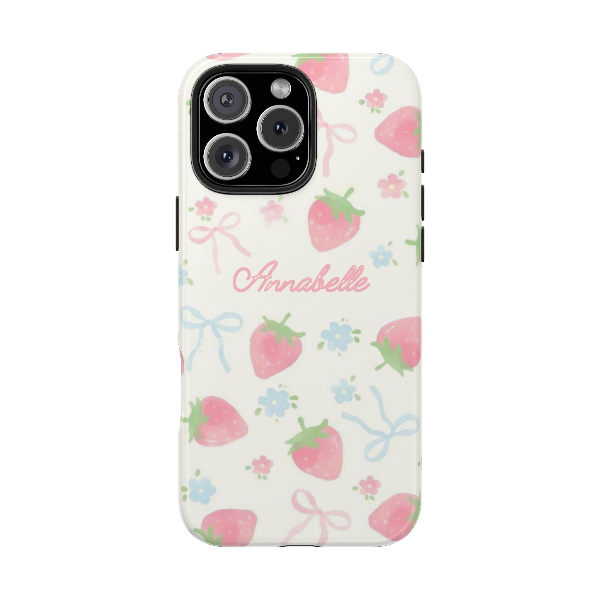 Personalized strawberry coquette phone case with “Annabelle” on a light background