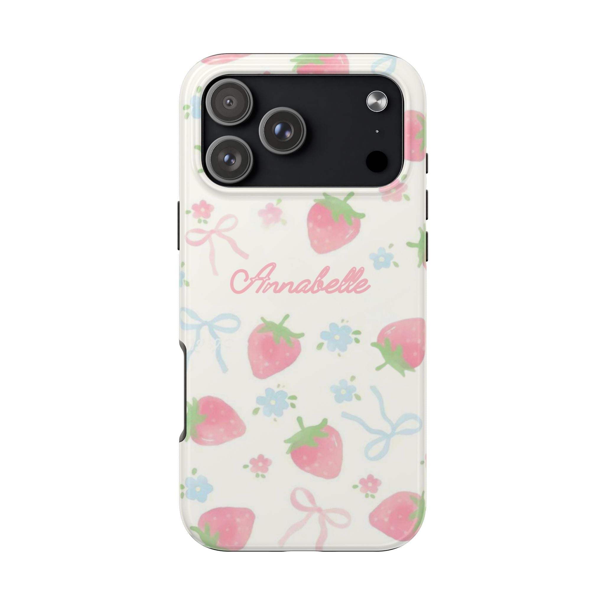 Strawberry coquette phone case with “Annabelle” and camera cutout on a light background