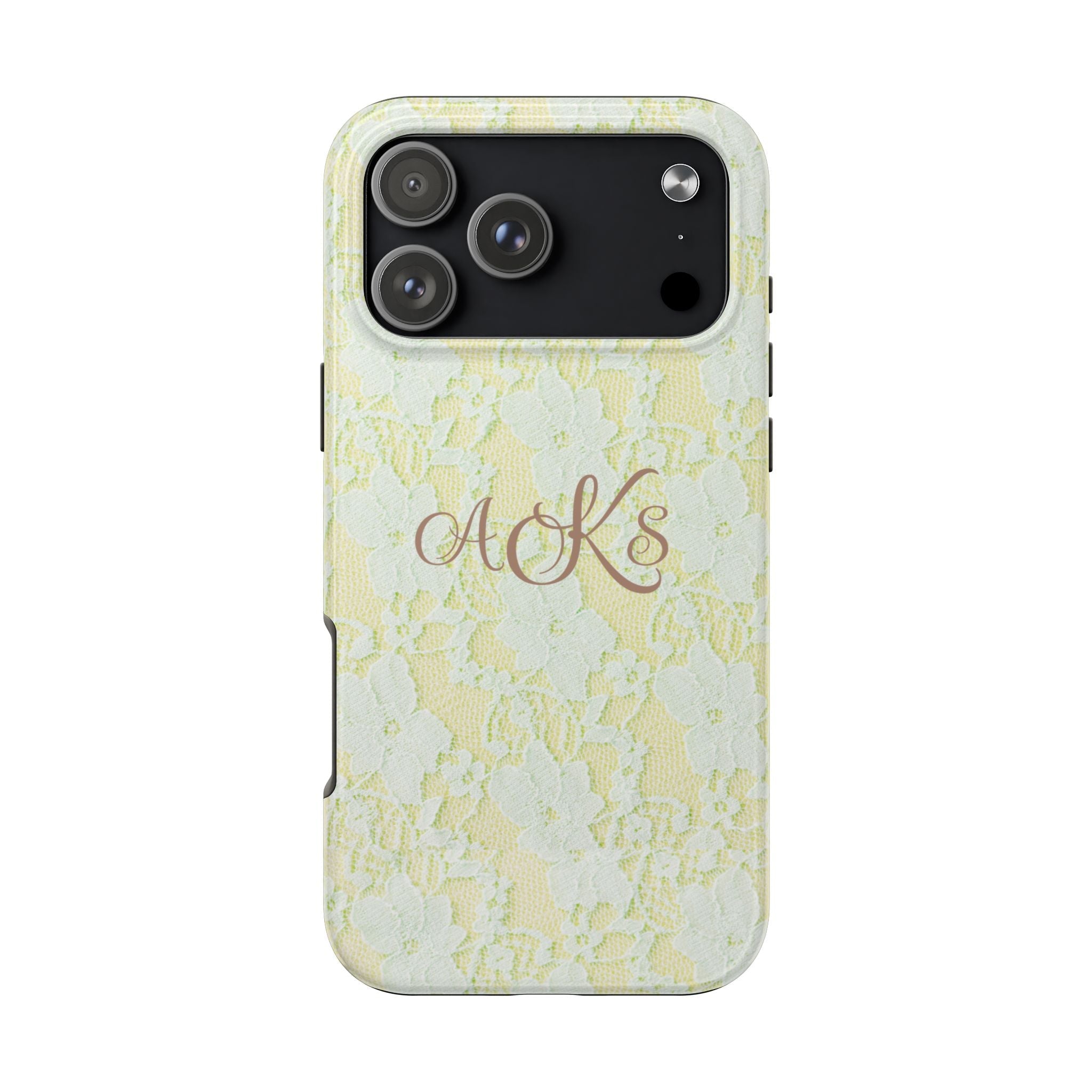 Personalized yellow lace phone case with monogram initials on front, corner camera cutouts