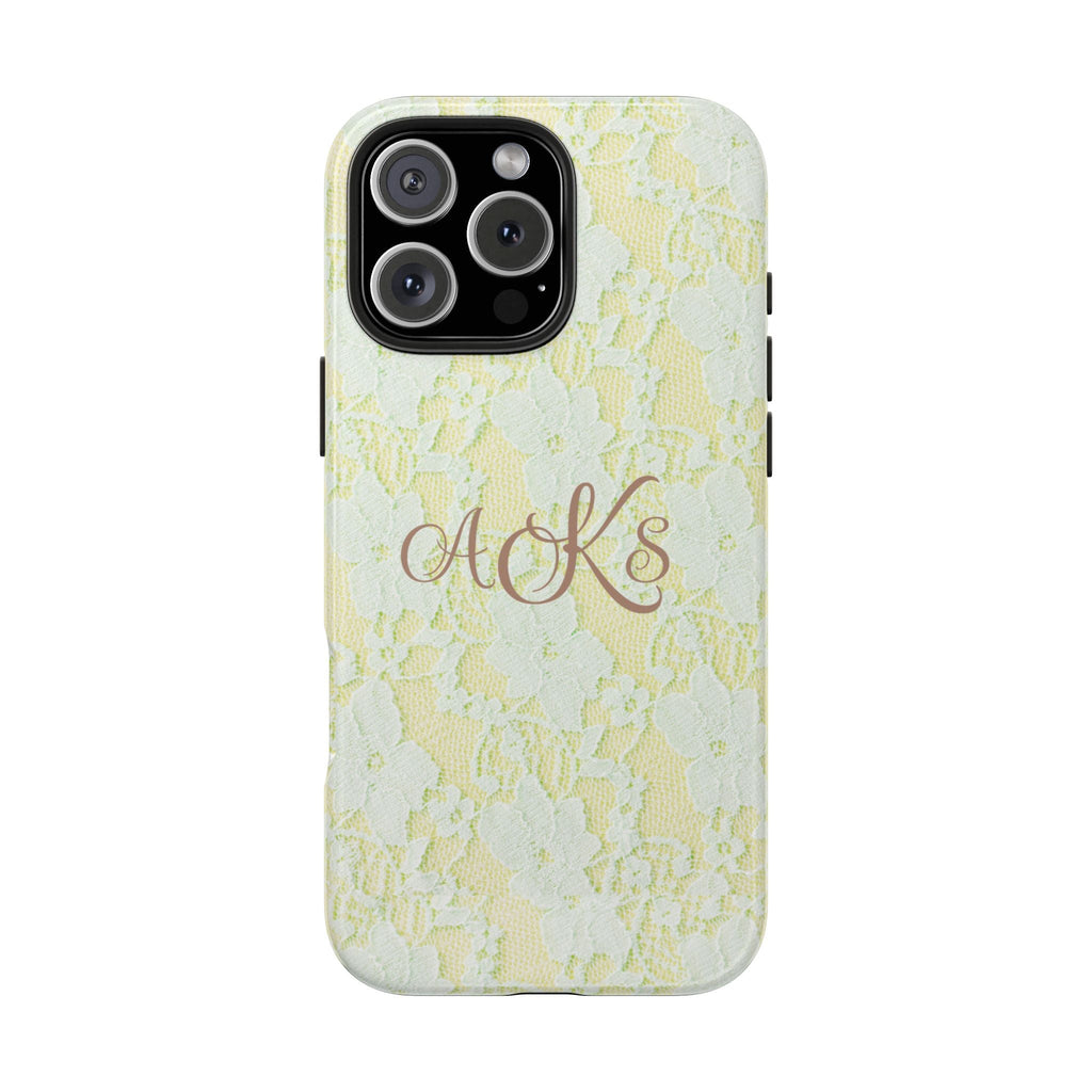 Personalized yellow lace phone case with brown monogram initials on front