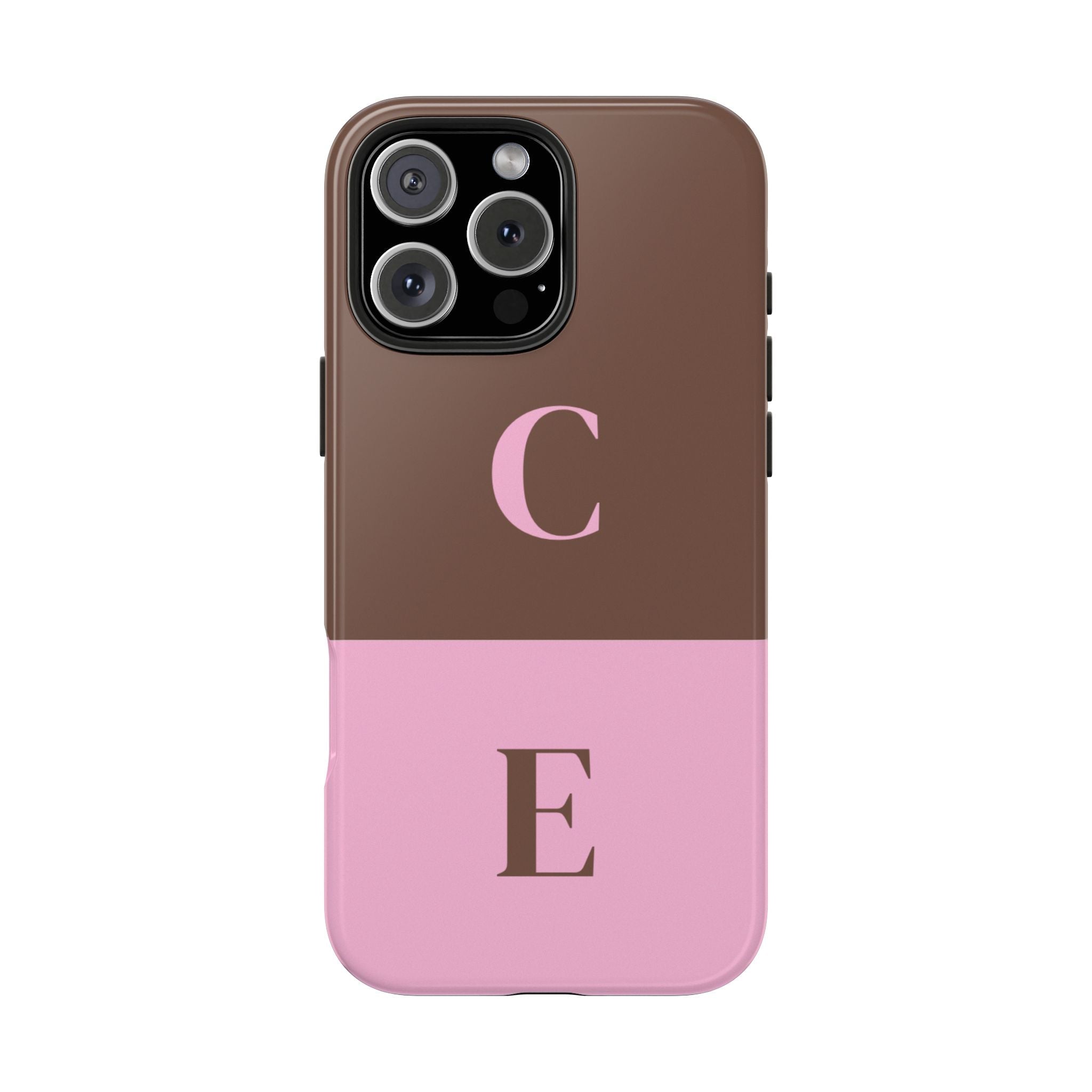Brown and pink phone case with initial C on top and E on bottom