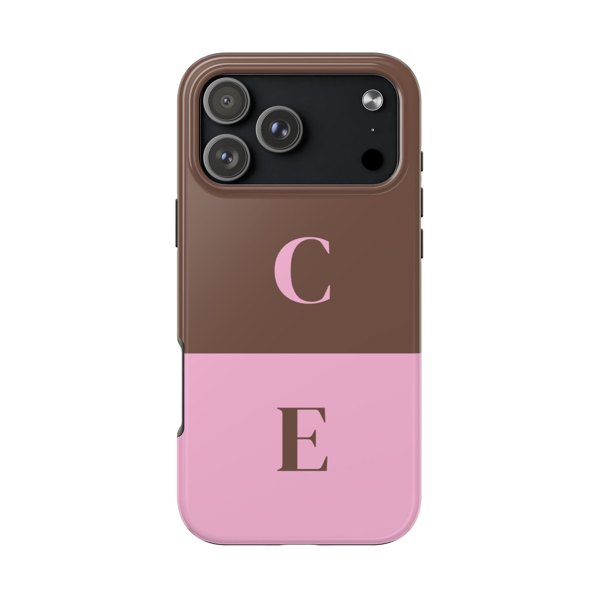Two-tone brown and pink phone case with initials C (top) and E (bottom)