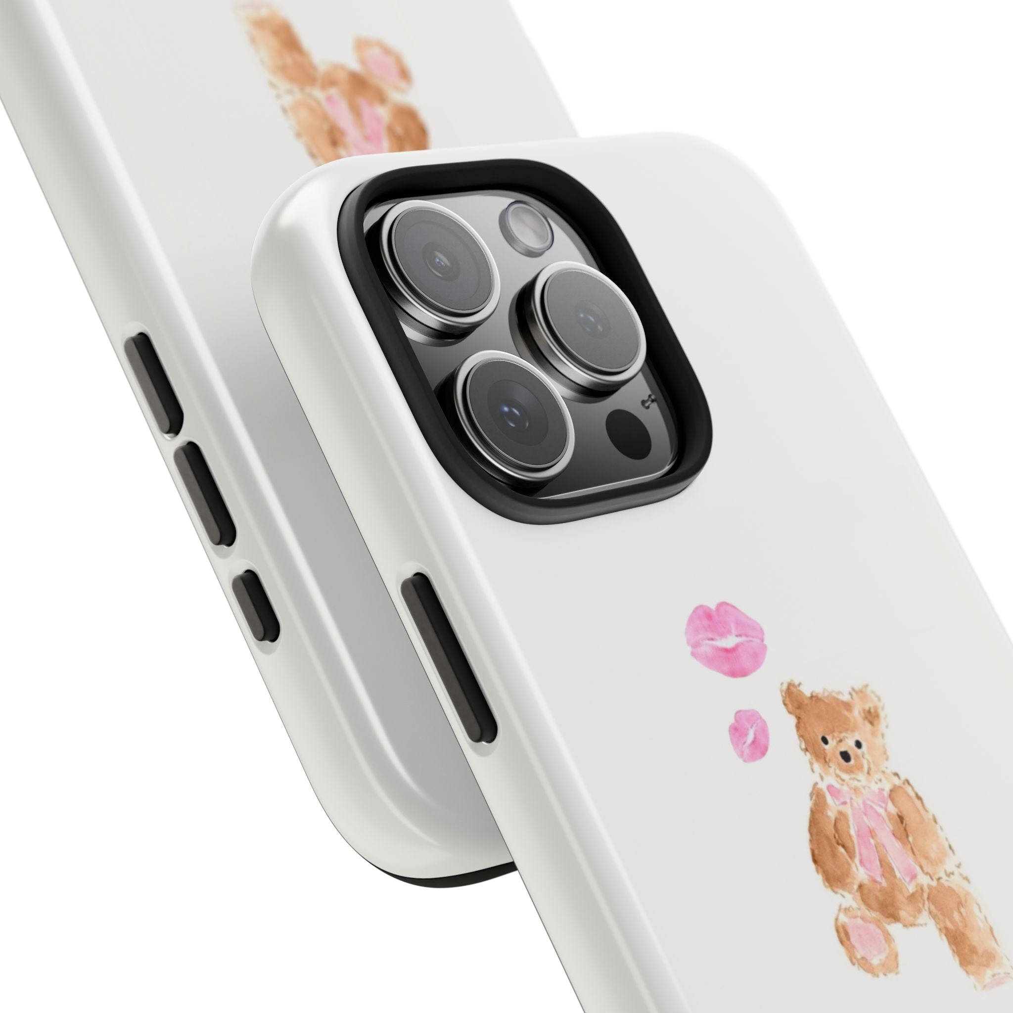 White personalized teddy bear phone case, bear with pink kisses near camera cutout