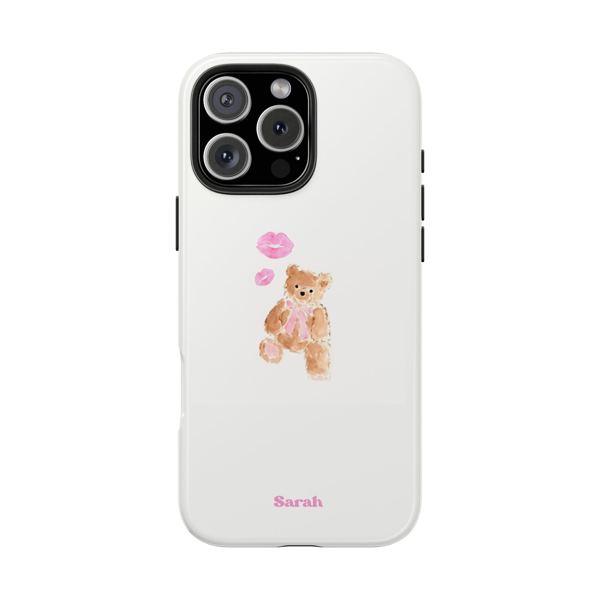 Personalized teddy bear phone case, white with bear graphic, pink lips, name Sarah