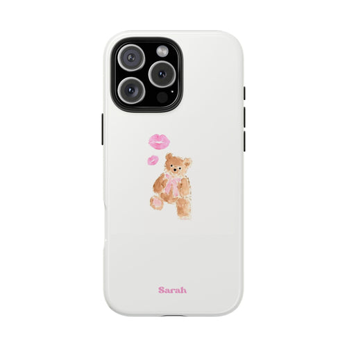 Personalized teddy bear phone case, white with bear graphic, pink lips, name Sarah