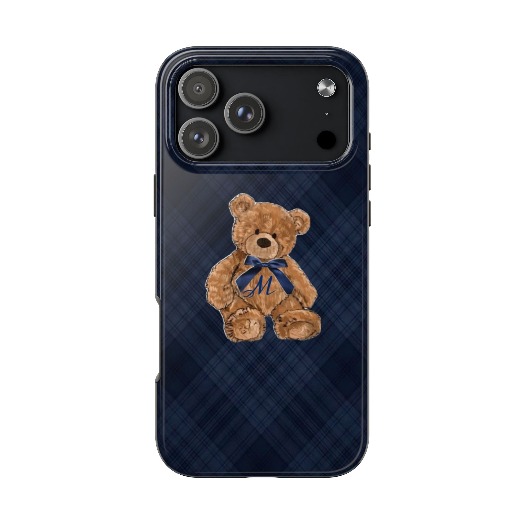 Back view navy plaid phone case with teddy bear patch and initial M