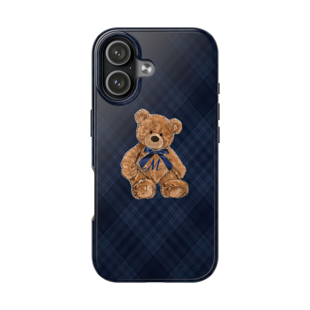 Navy plaid phone case with teddy bear patch, blue bow, and initial M