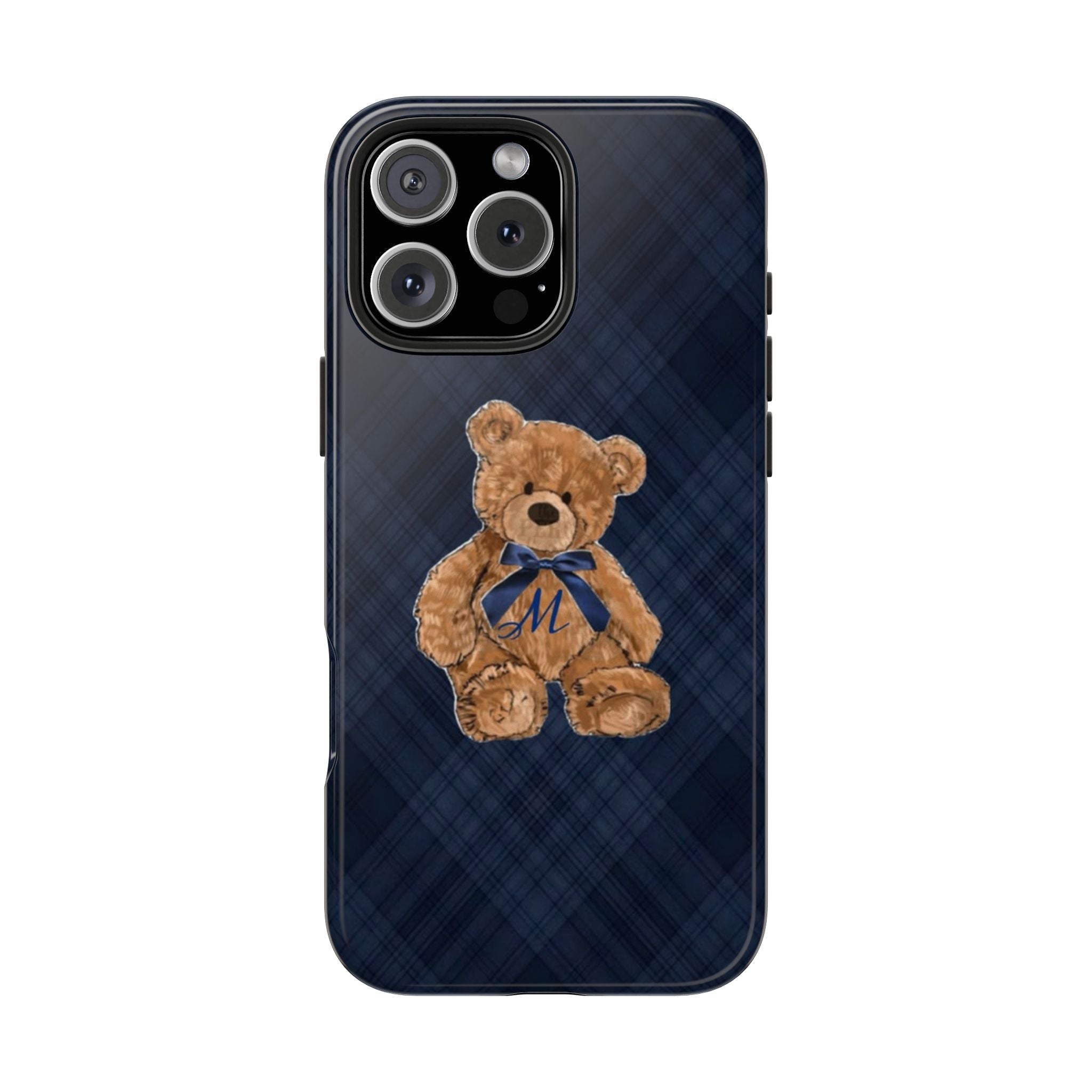 Front view navy plaid case with teddy bear patch, blue bow, initial M