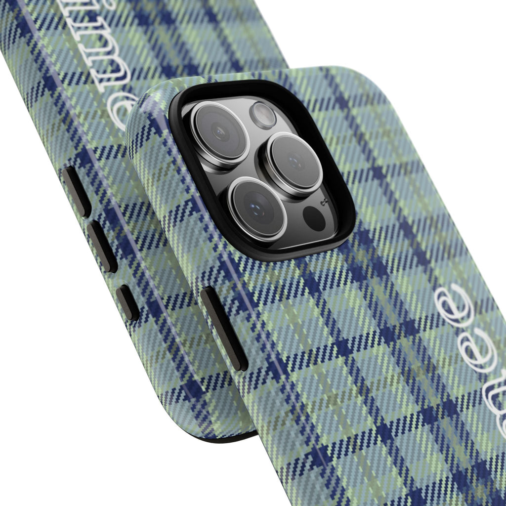 Plaid phone case side profile with camera lens protection and cutout openings