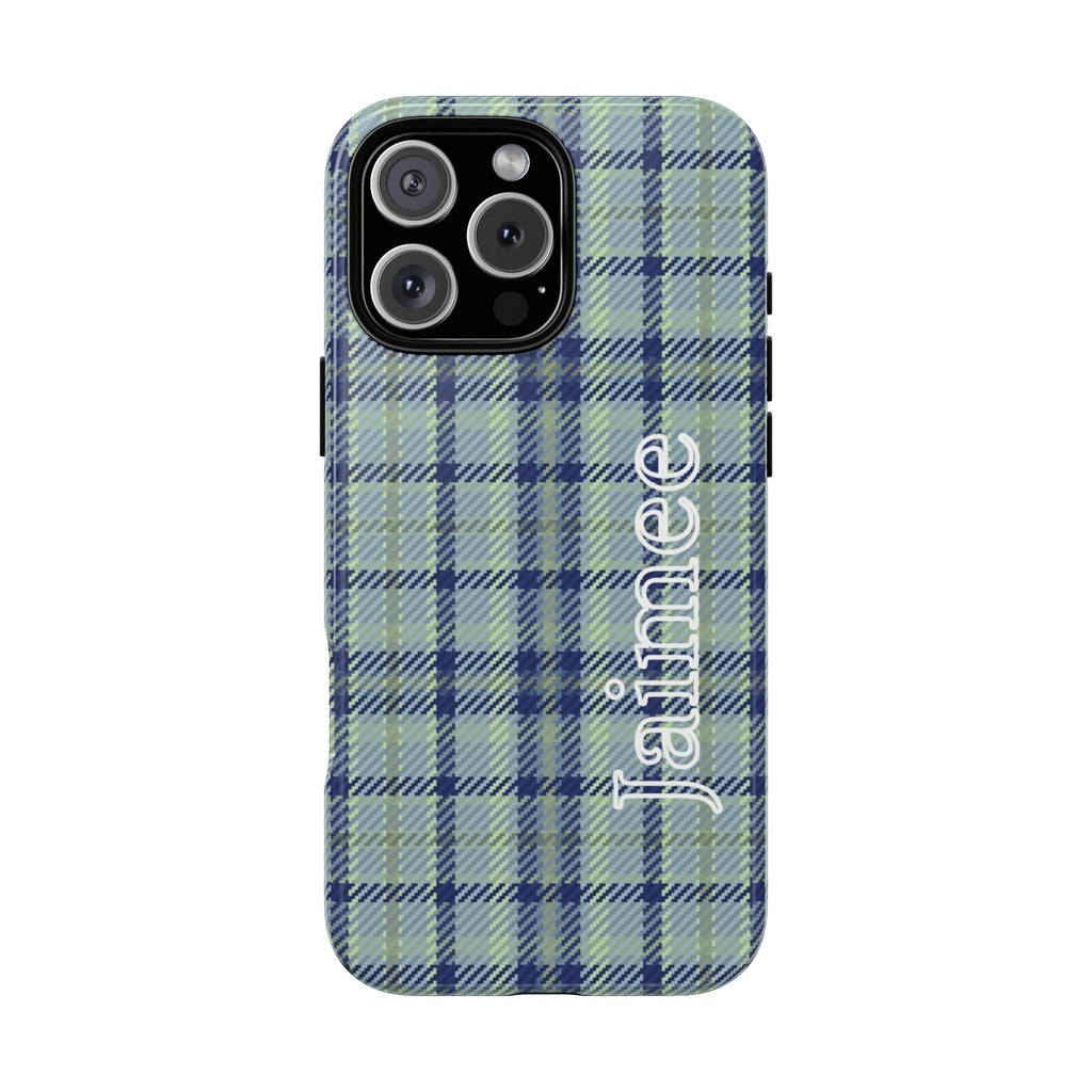 Personalized plaid phone case with custom name text on light blue check pattern