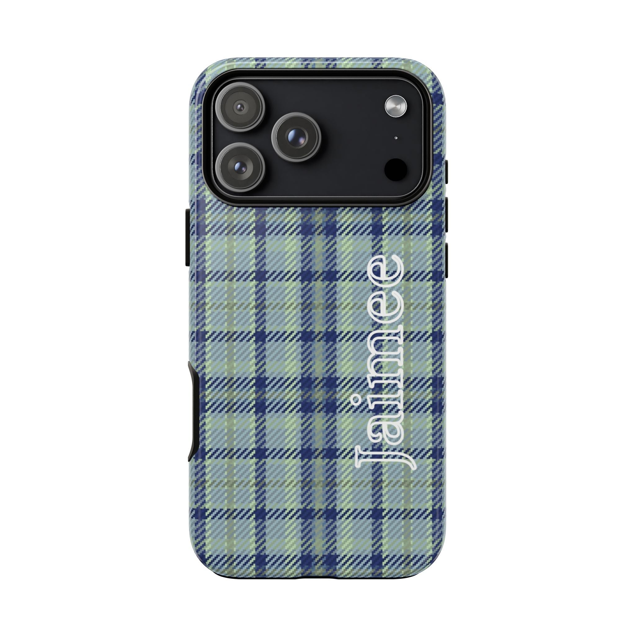 Blue and green plaid phone case with raised camera cutouts and vertical name text