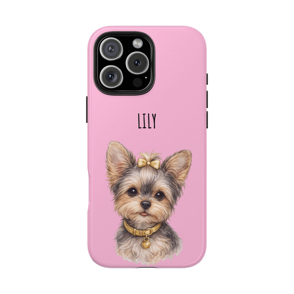 Pink phone case with small dog portrait and name text “LILY”