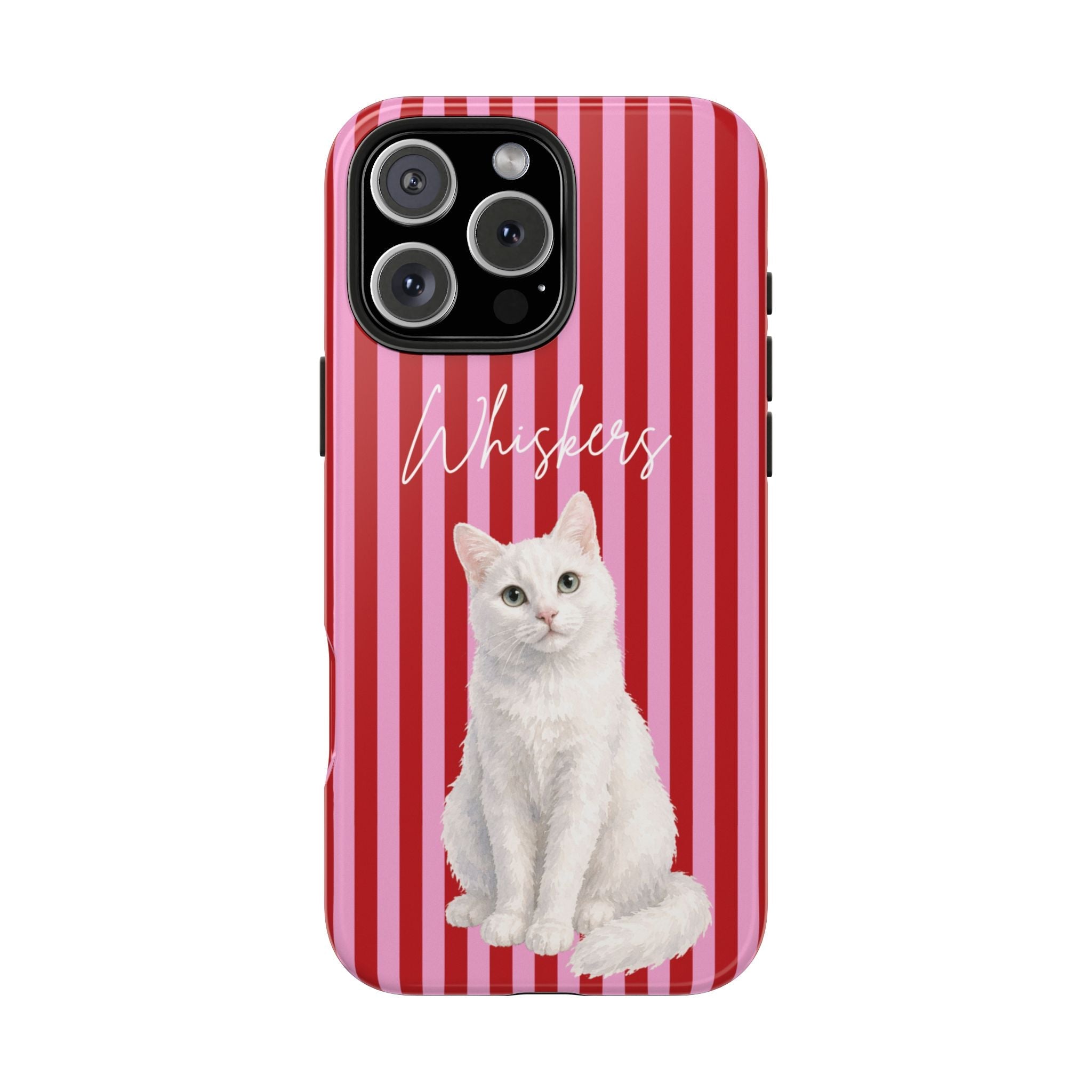 Red-and-white striped phone case with white cat portrait and name “Whiskers”