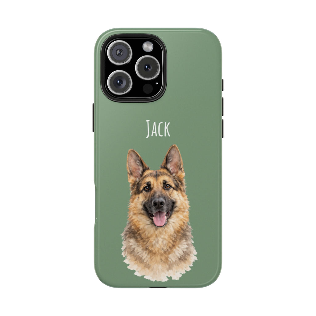 Green phone case with German shepherd portrait and name “Jack”
