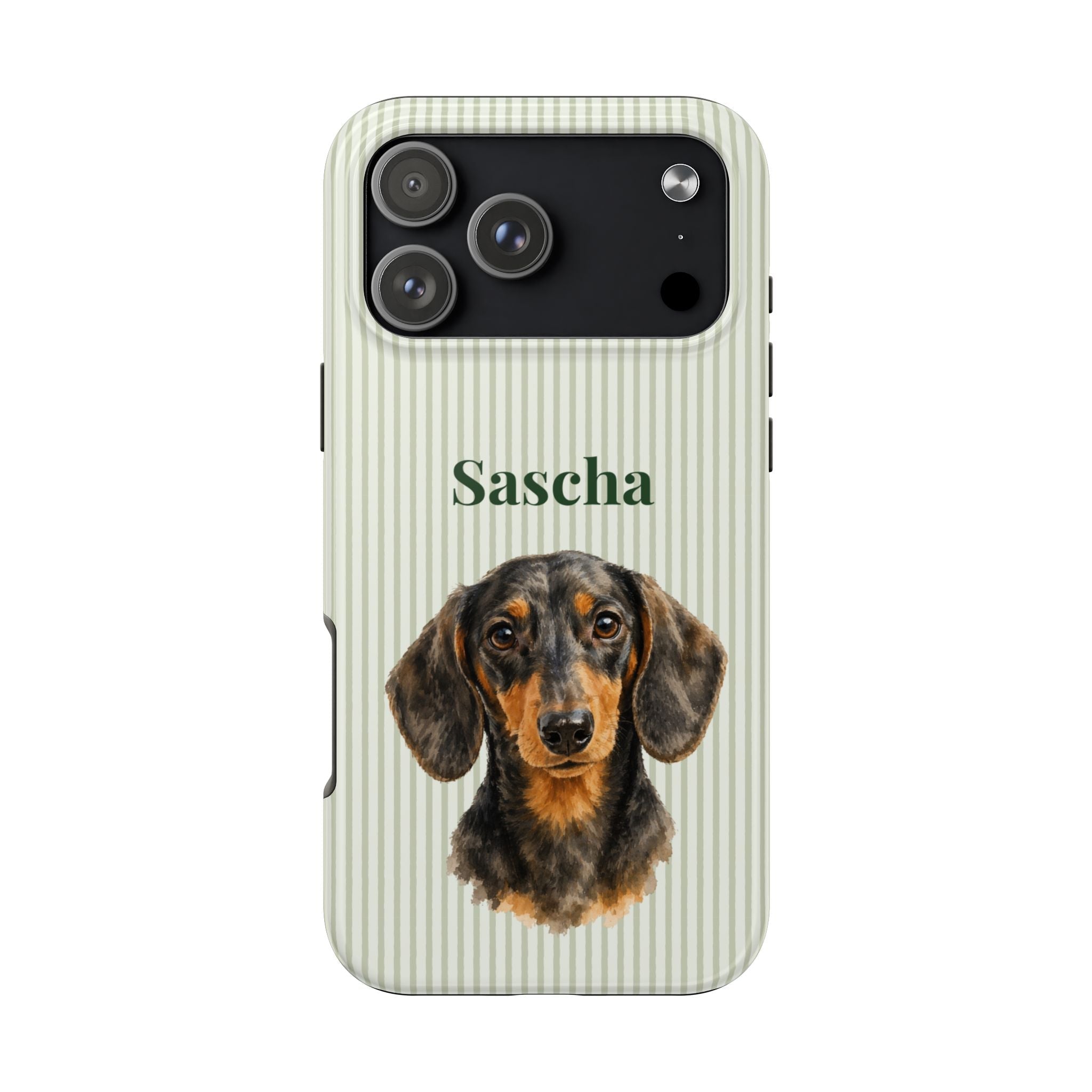 Light green striped phone case with dachshund portrait and name “Sascha”