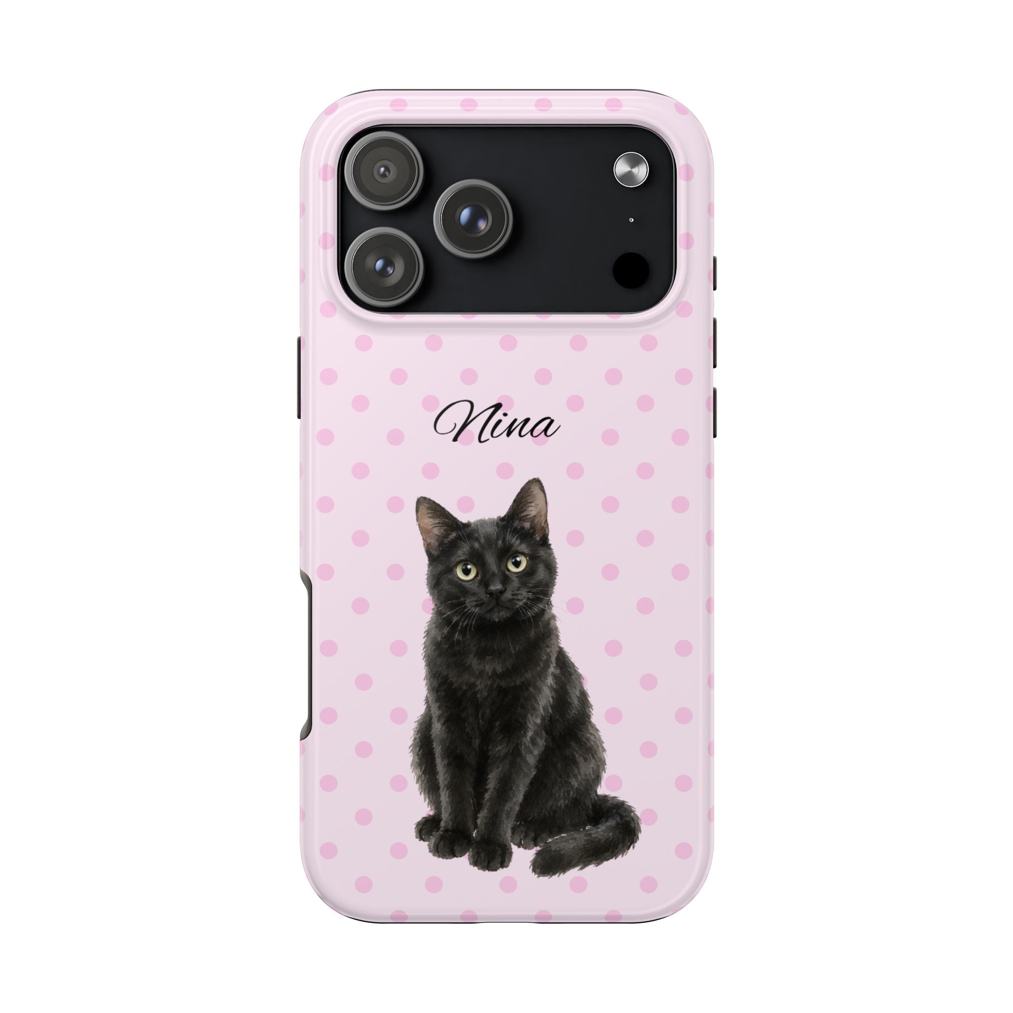 Pink polka-dot phone case with black cat portrait and name “Nina”