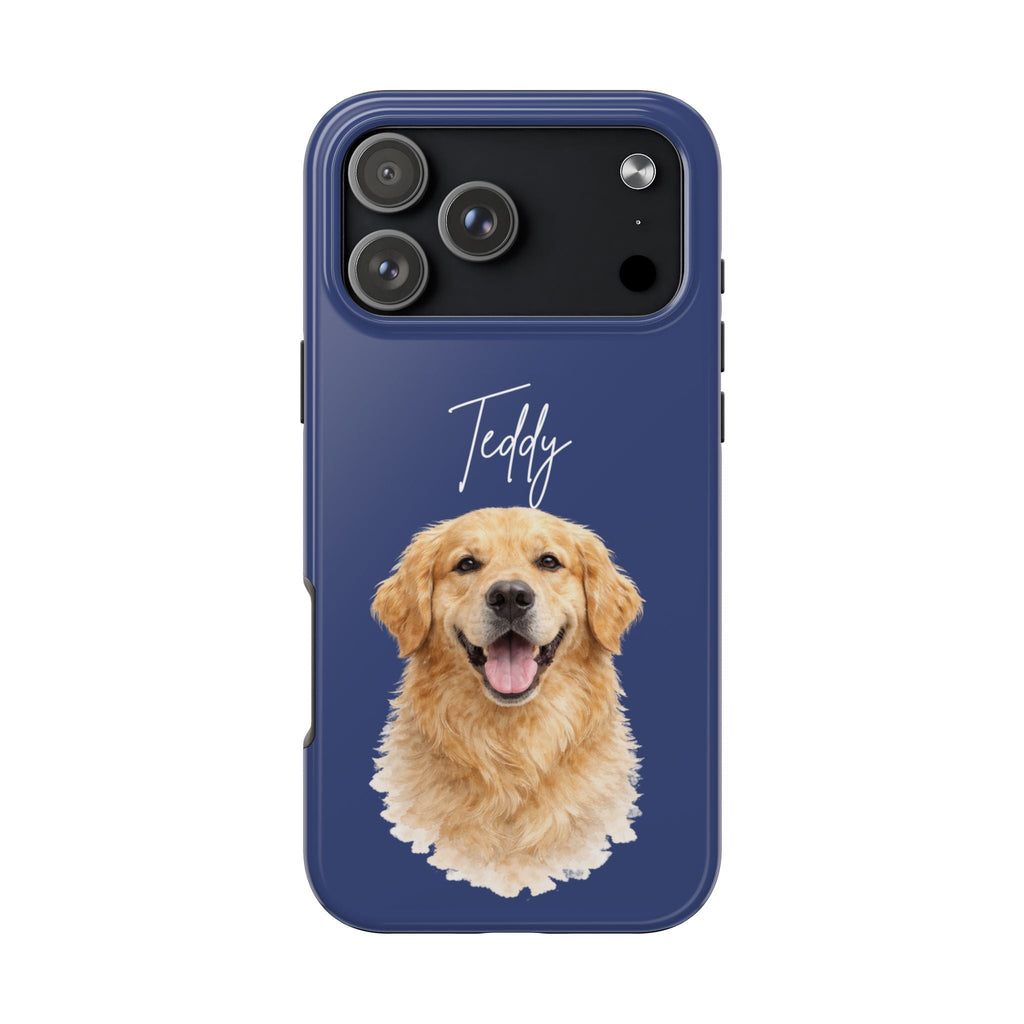 Navy phone case with golden dog portrait and name text “Teddy”