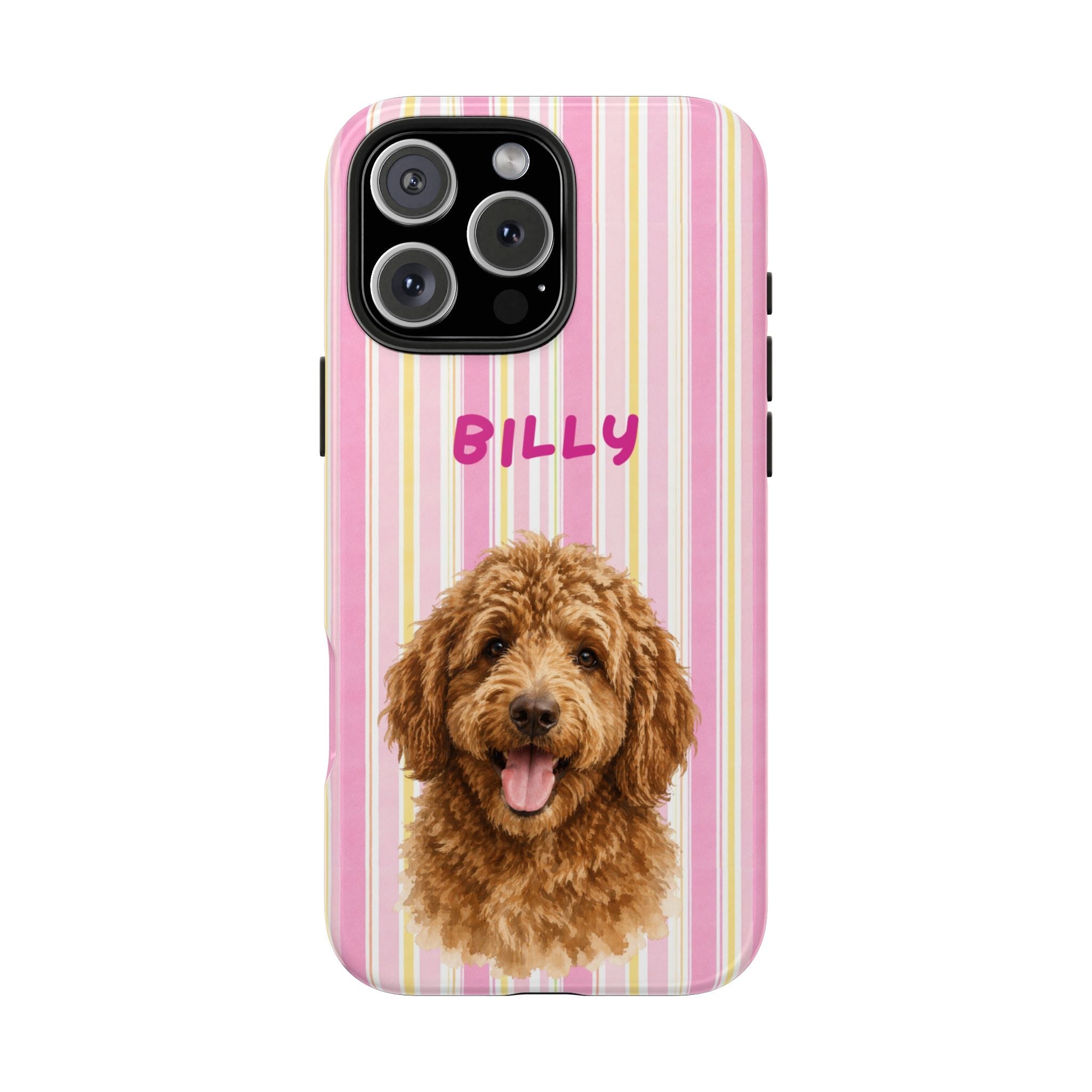Pink-striped phone case with brown dog portrait and name “BILLY”