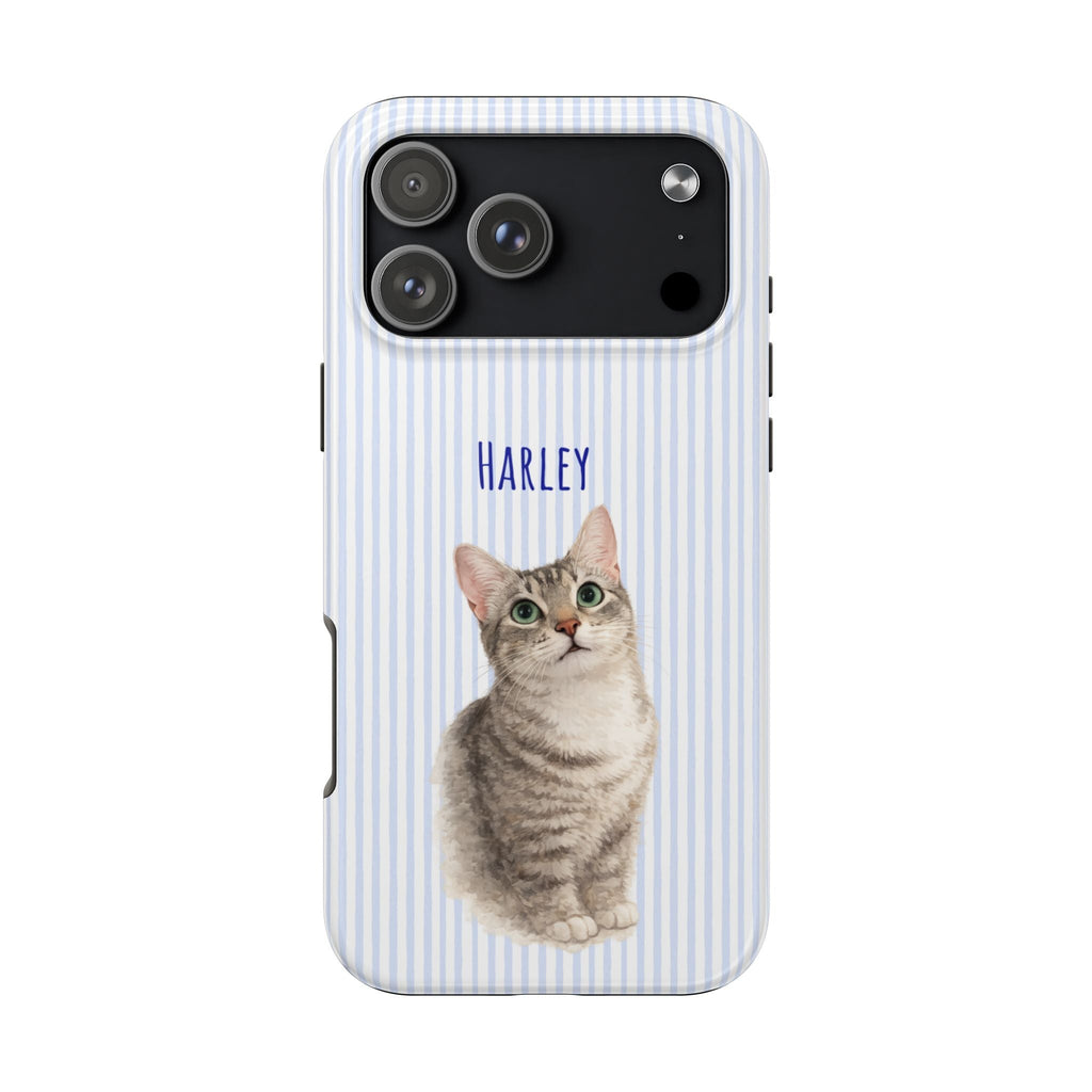 Light blue striped phone case with grey tabby cat portrait and name “HARLEY”