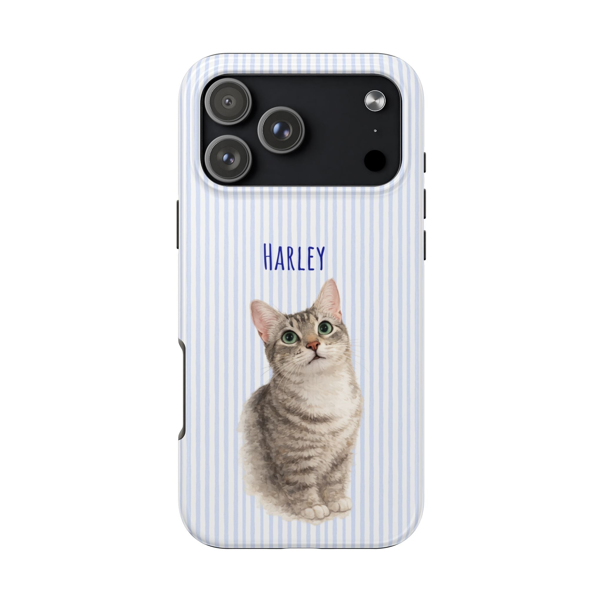 Light blue striped phone case with grey tabby cat portrait and name “HARLEY”