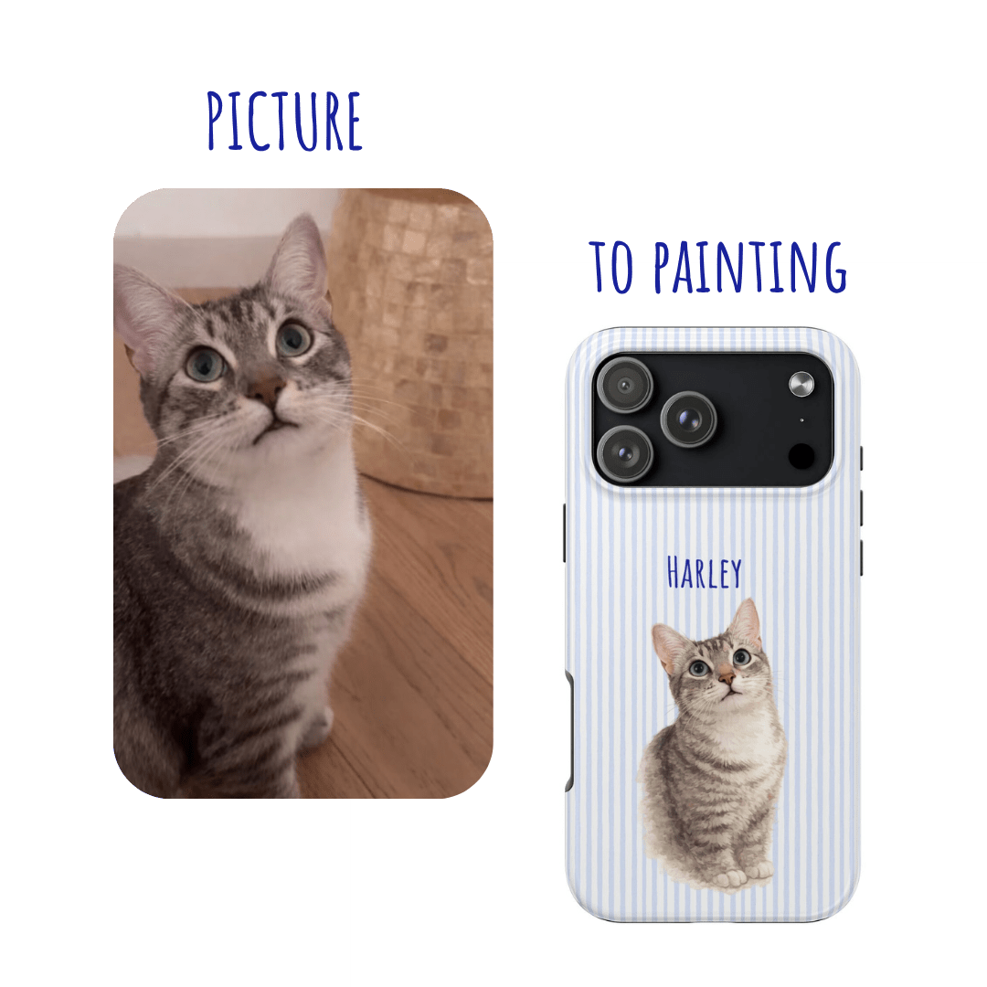 Personalized phone case with cat portrait and name “Harley” on blue stripes.