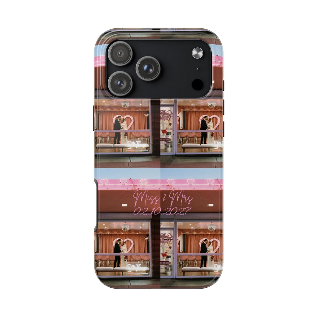 Personalized phone case with wedding scene and text 'Miss 2 Mrs 02.10.2027'.