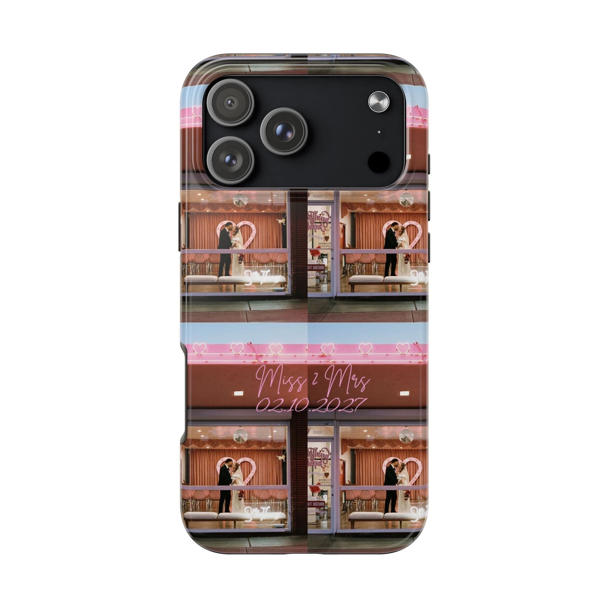 Personalized phone case with wedding scene and text 'Miss 2 Mrs 02.10.2027'.