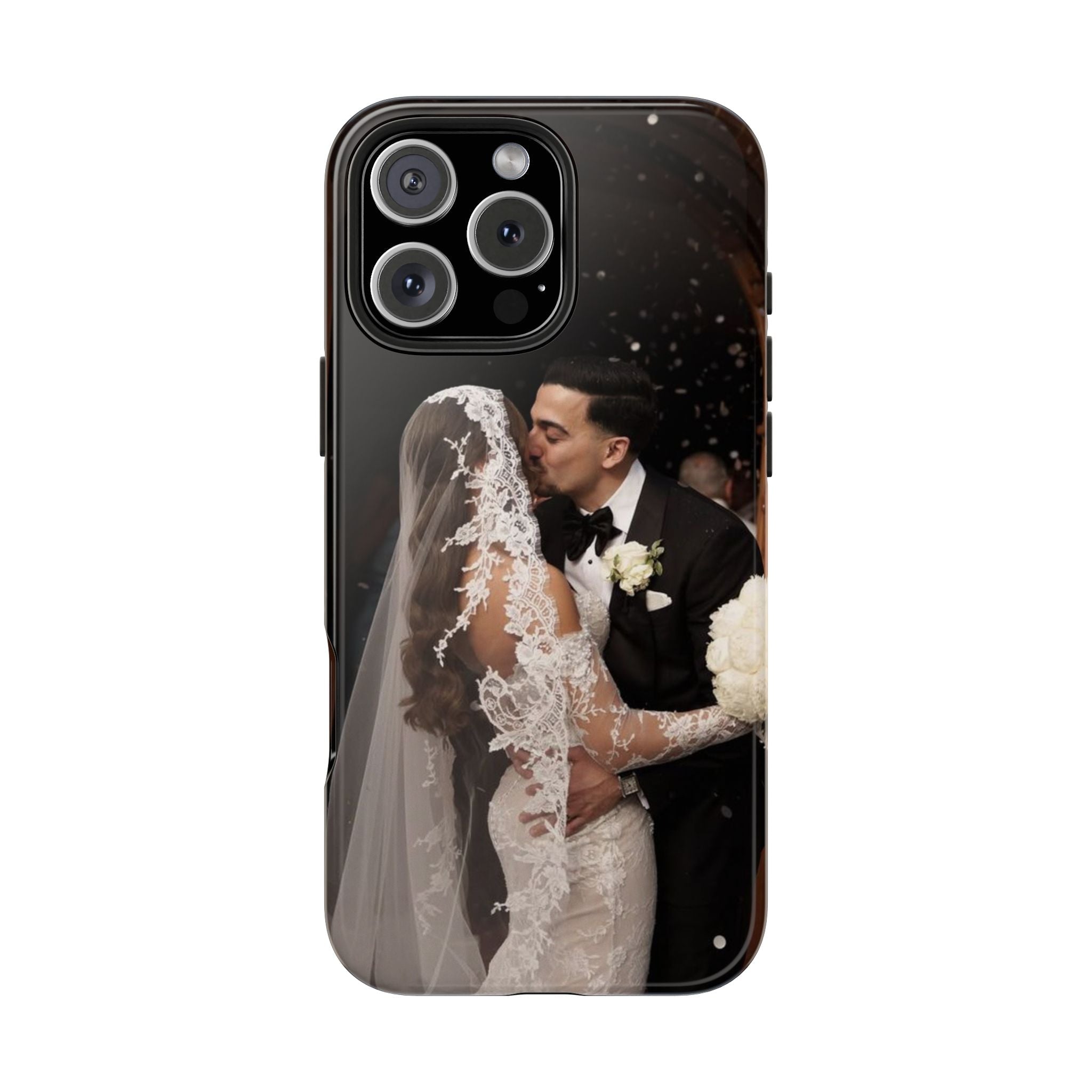 Personalized phone case with wedding couple portrait on dark background.