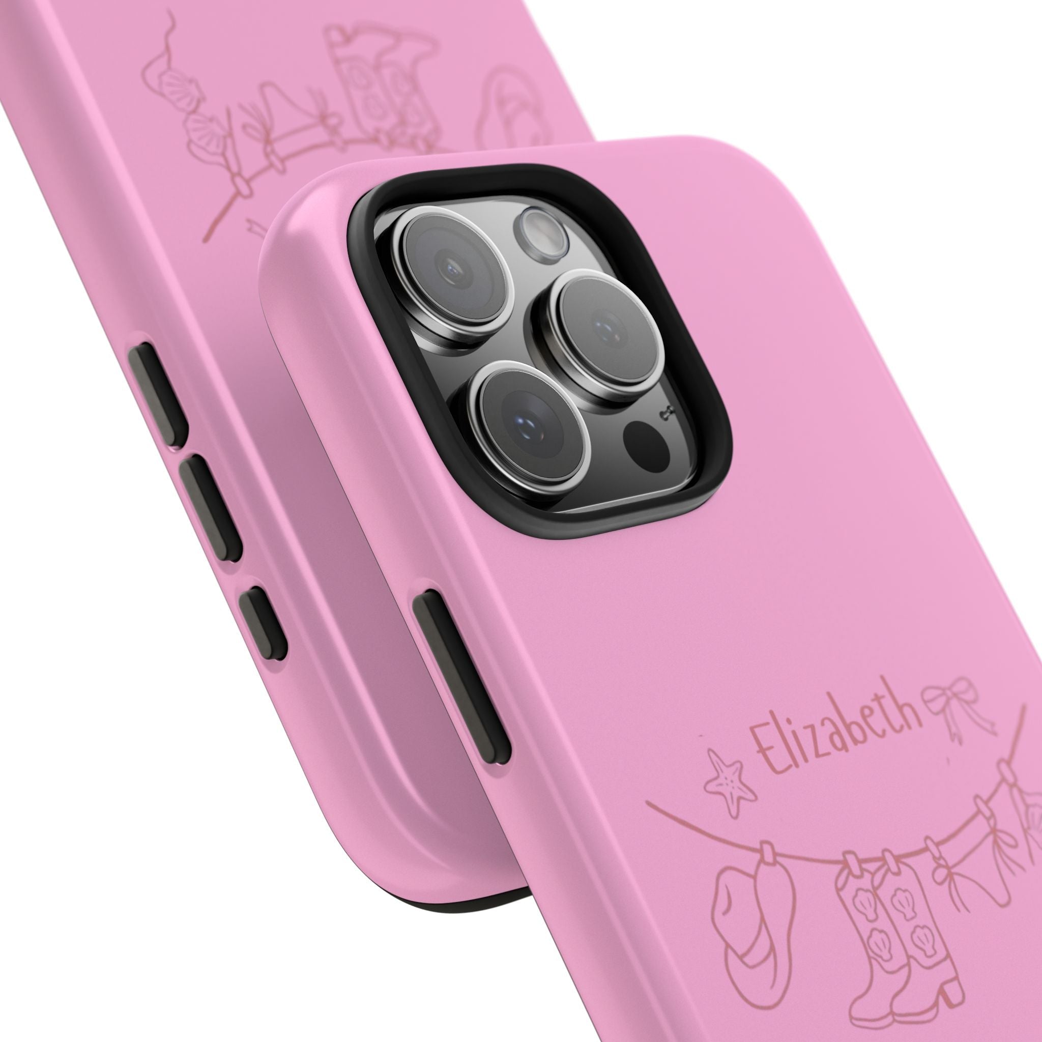 Pink cowgirl phone case, angled view: custom name near camera cutouts and line art