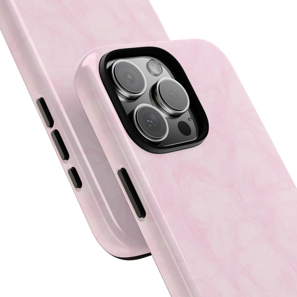 Pink camo phone case with raised camera bumper, visible side button cutouts and pink pattern