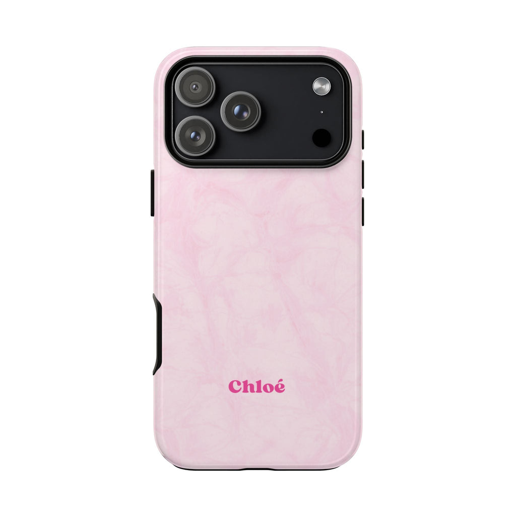 Pink camo custom name phone case back with “Chloë”, side cutout and camera opening visible