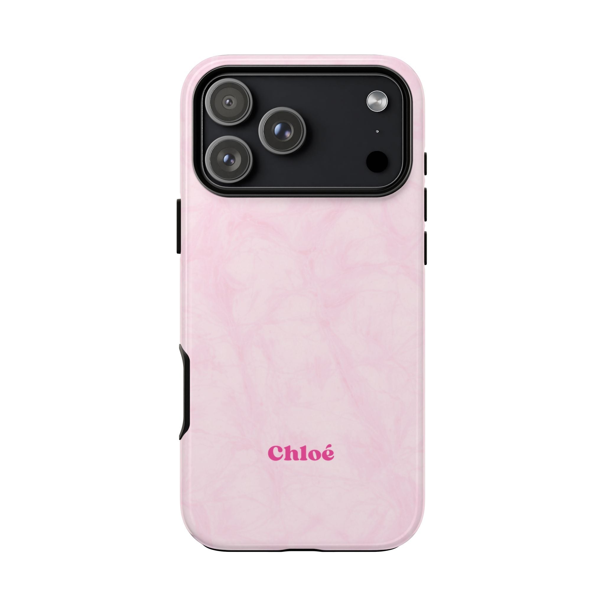 Pink camo custom name phone case back with “Chloë”, side cutout and camera opening visible