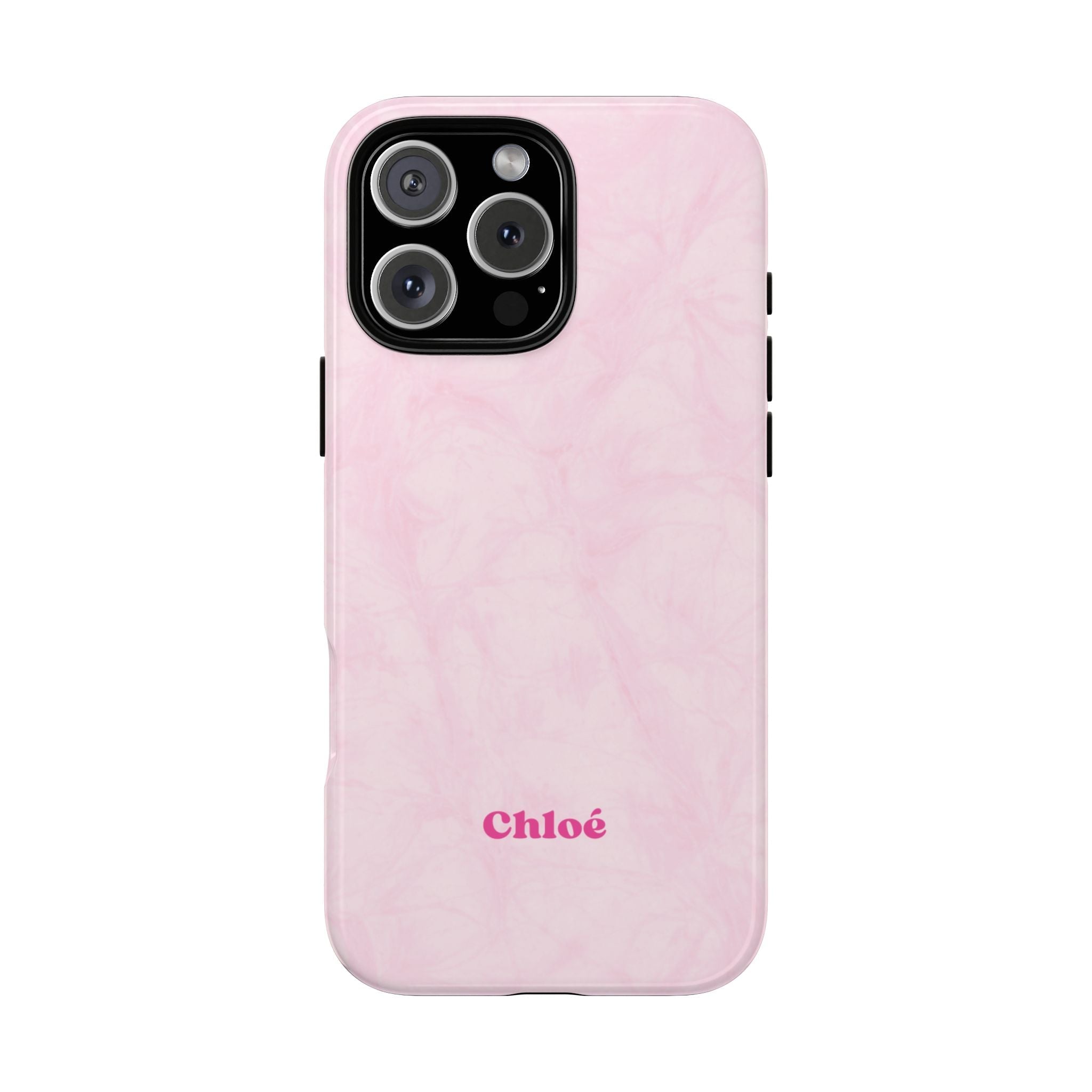 Pink camo custom name phone case with “Chloë” on the back, cutouts for camera and buttons