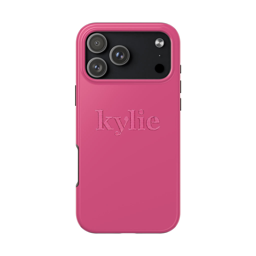 Pink phone case with raised embroidered name on back, camera and flash cutouts