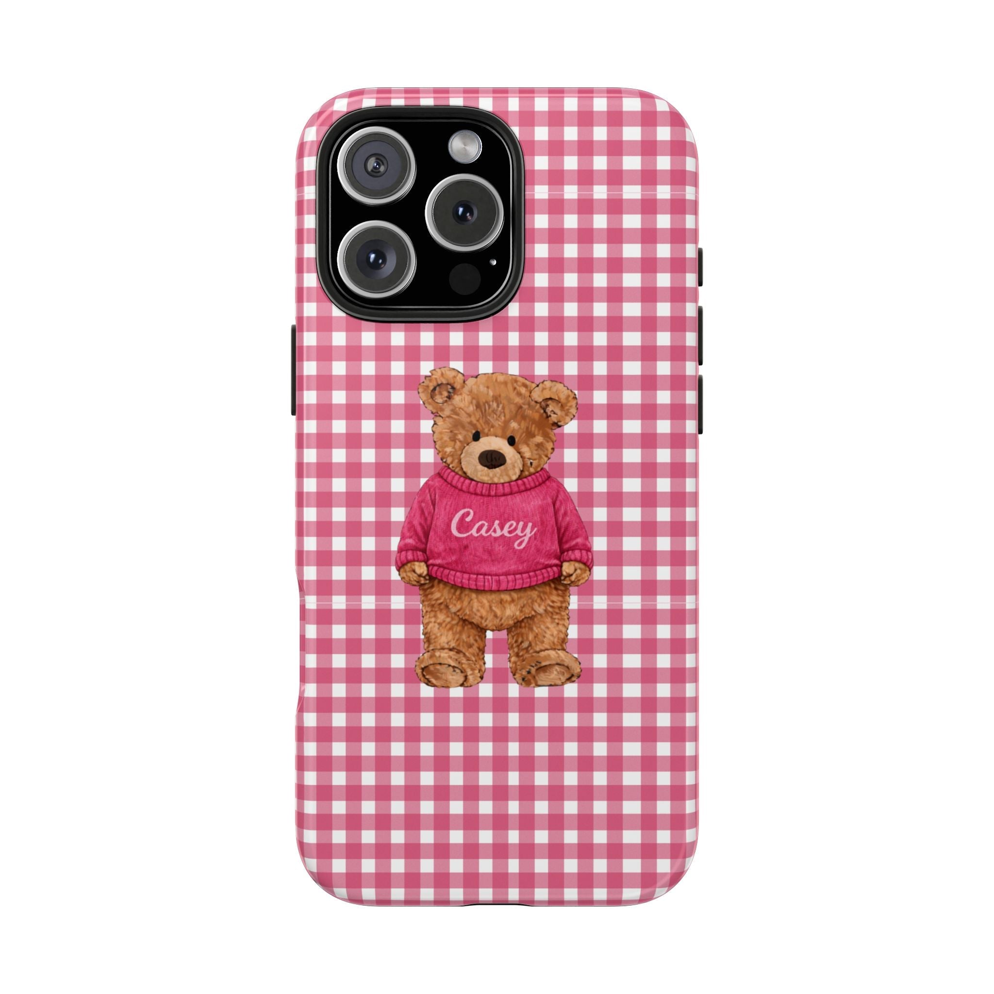 Pink gingham phone case with teddy bear wearing burgundy shirt, name Casey