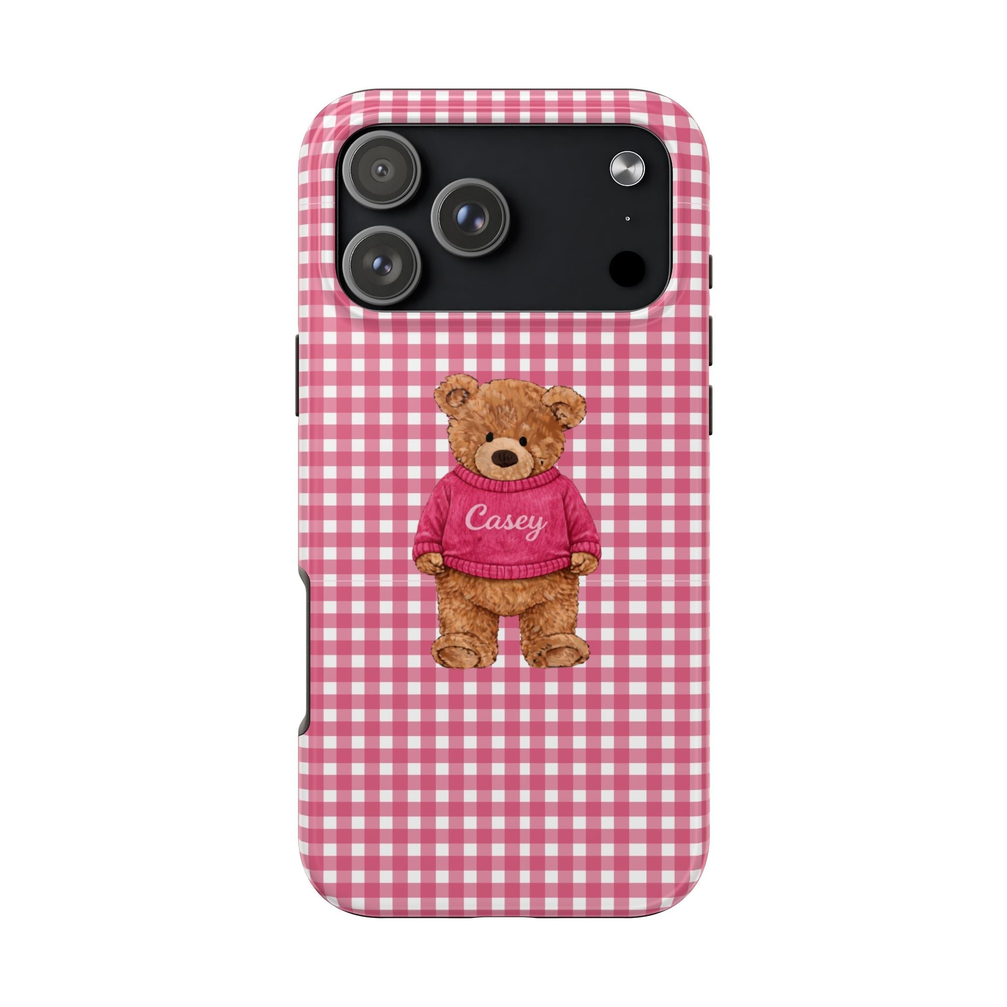 Pink gingham phone case with teddy bear in burgundy sweater, name Casey