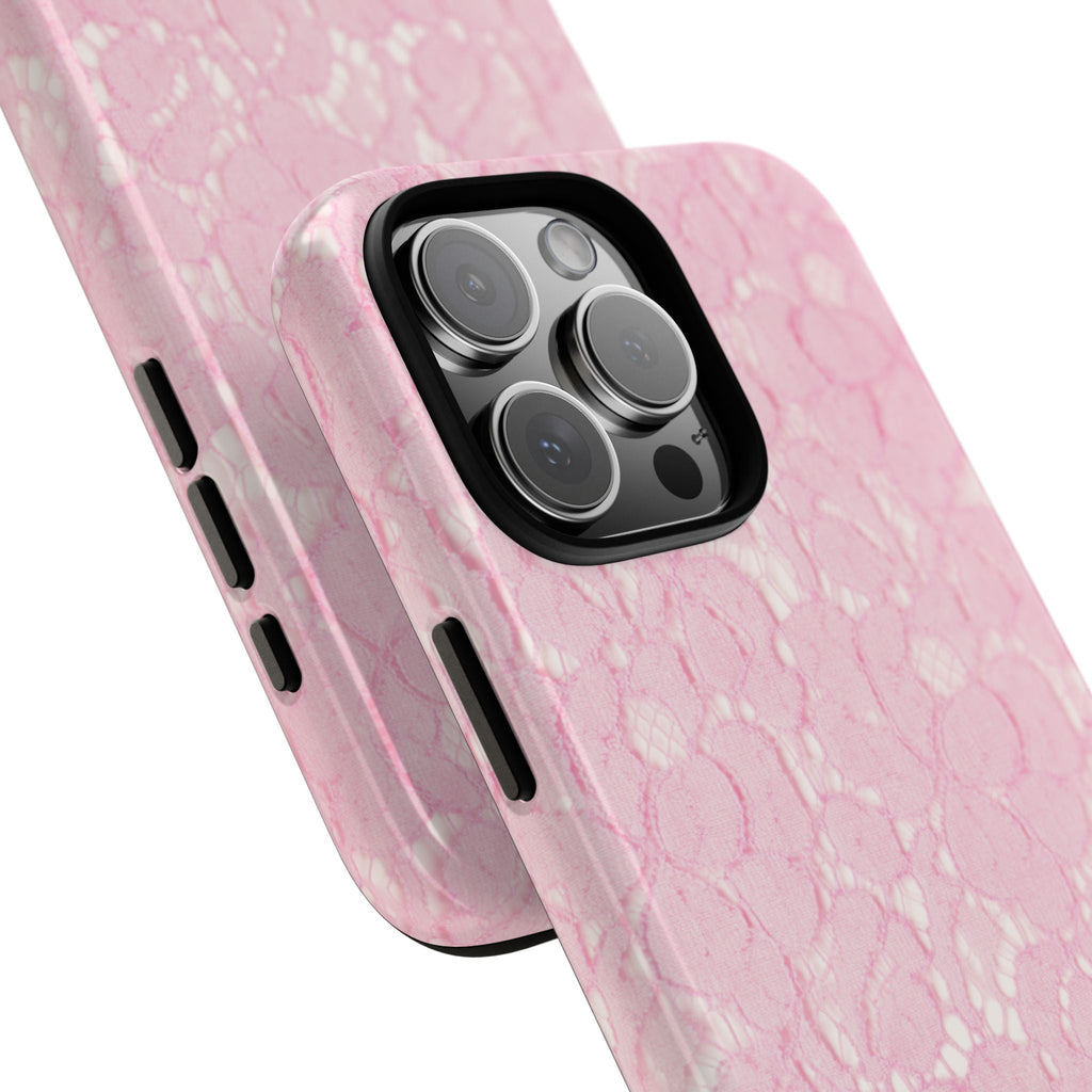 Pink lace phone case with raised camera opening and button cutouts on side