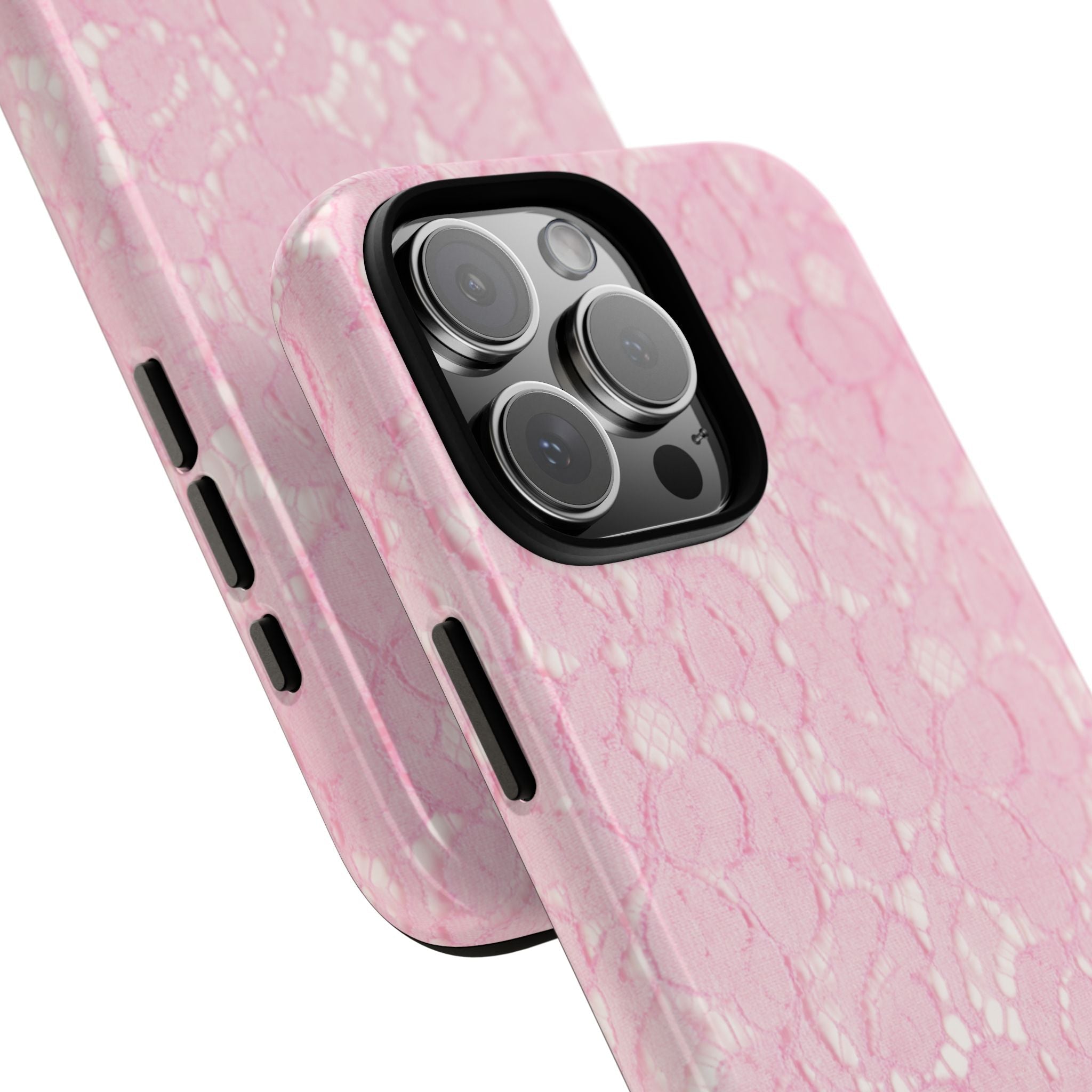Pink lace phone case with raised camera opening and button cutouts on side