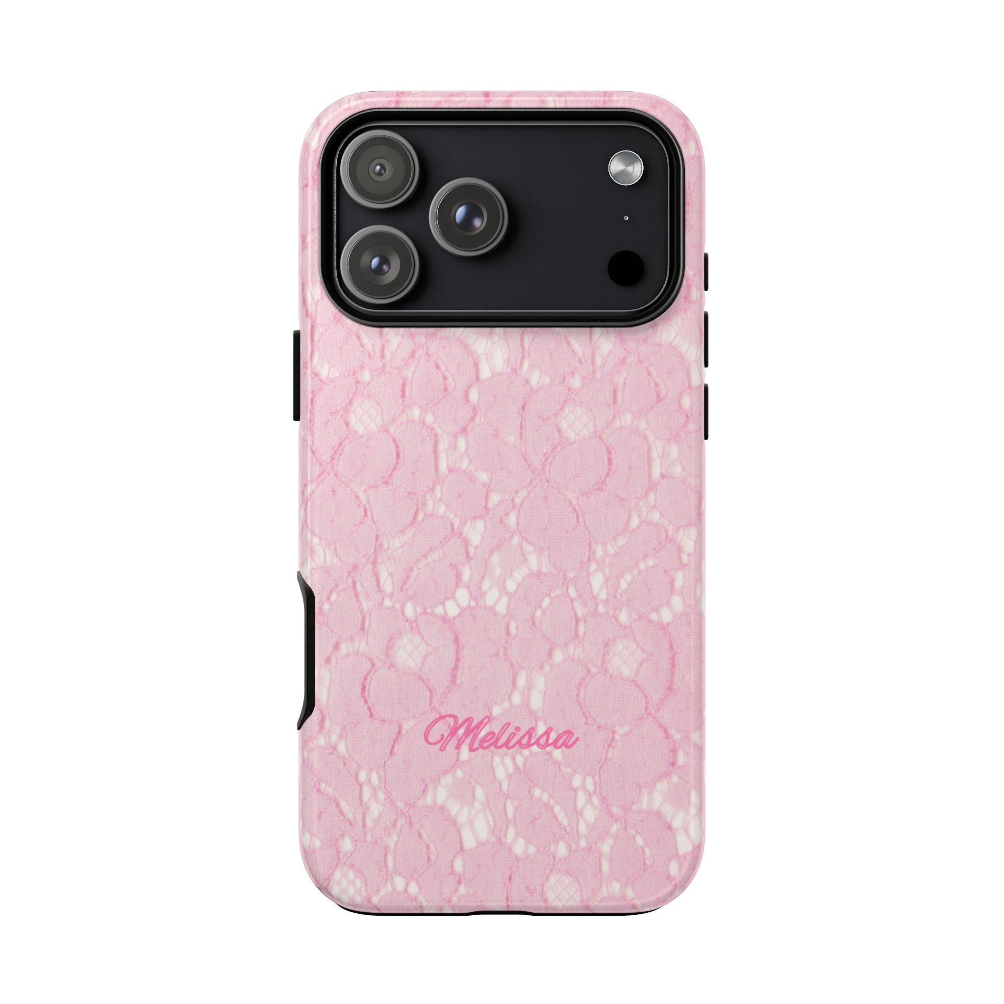 Pink lace custom phone case with “Melissa” name and camera cutout on back
