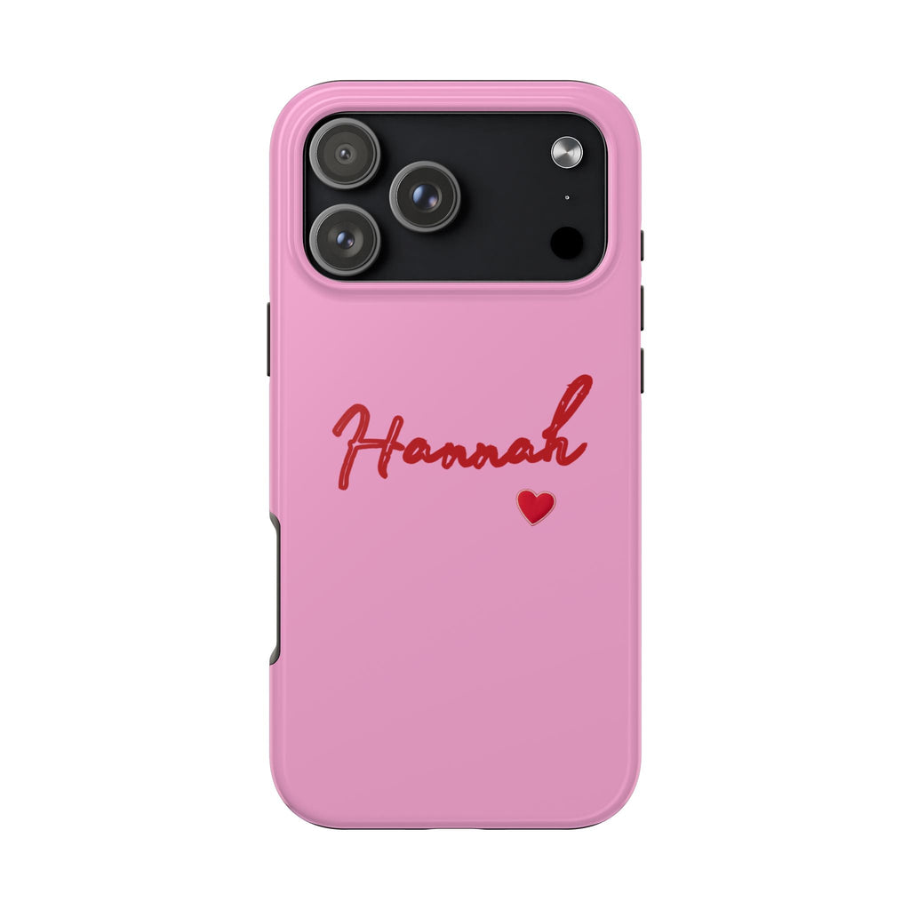 Personalized pink phone case with red handwritten name and small heart