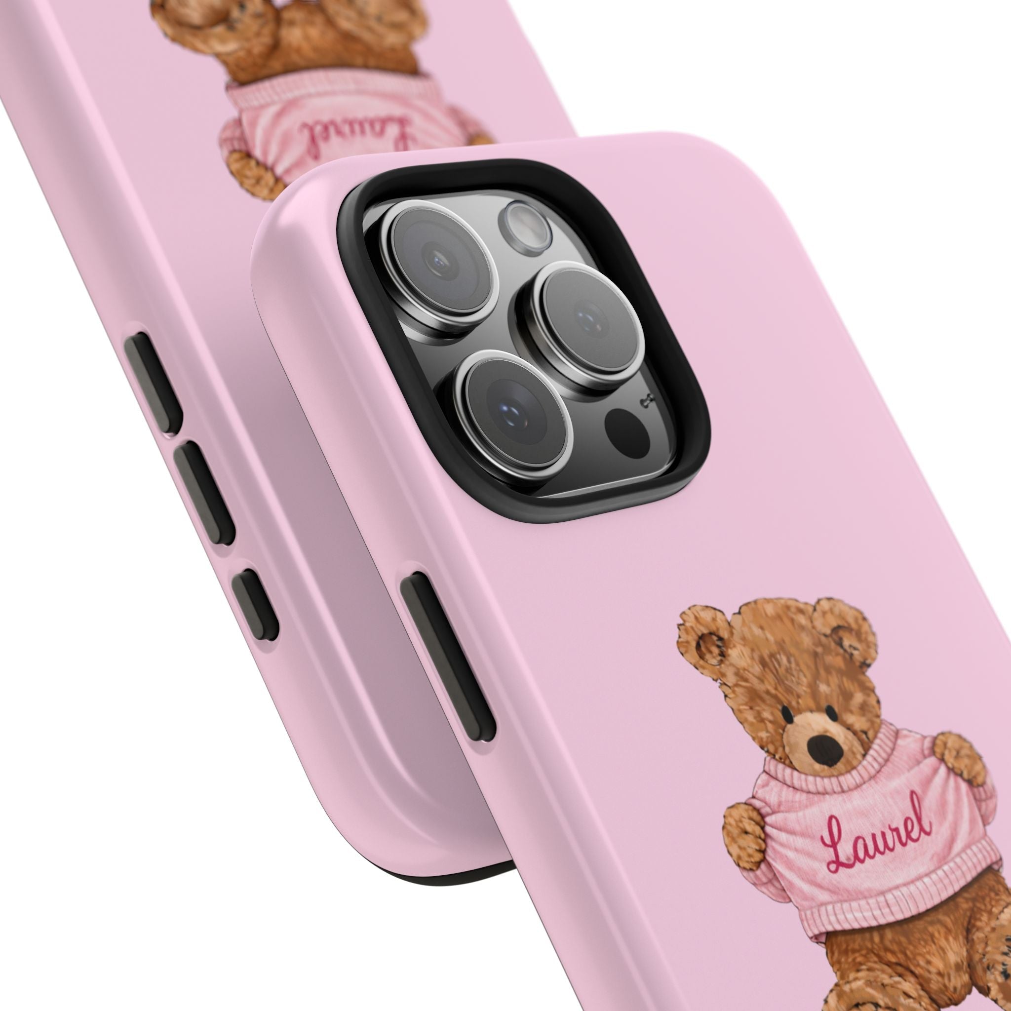 Pink phone case side view with teddy bear graphic and personalized name “Laurel”